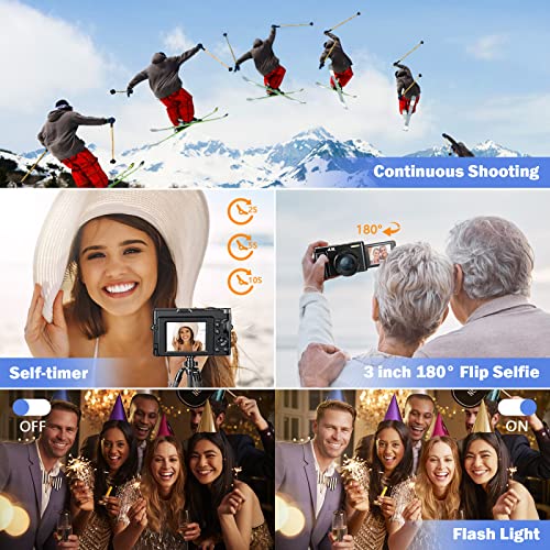 CCN Fotocamera Digitale 4K 48MP, Fotocamera con schermo 3.0" ribaltabile a 180°, fotocamera compatta con zoom digitale 16X, obiettivo grandangolare e obiettivo macro, scheda TF da 64GB, WiFi, nero : Elettronica