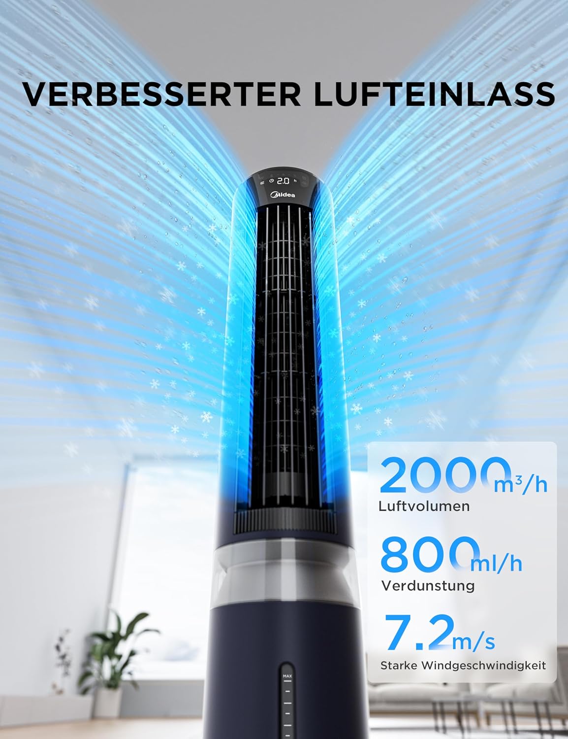 Midea Sensicool Luftkühler mit 7L Wasserkühlung | Mobile Klimaanlage ohne Abluftschlauch | Ventilator mit Wasserkühlung | 2000m³/h Verdunstungskühler, 6 Geschwindigkeiten, Touch-Display (Blau)
