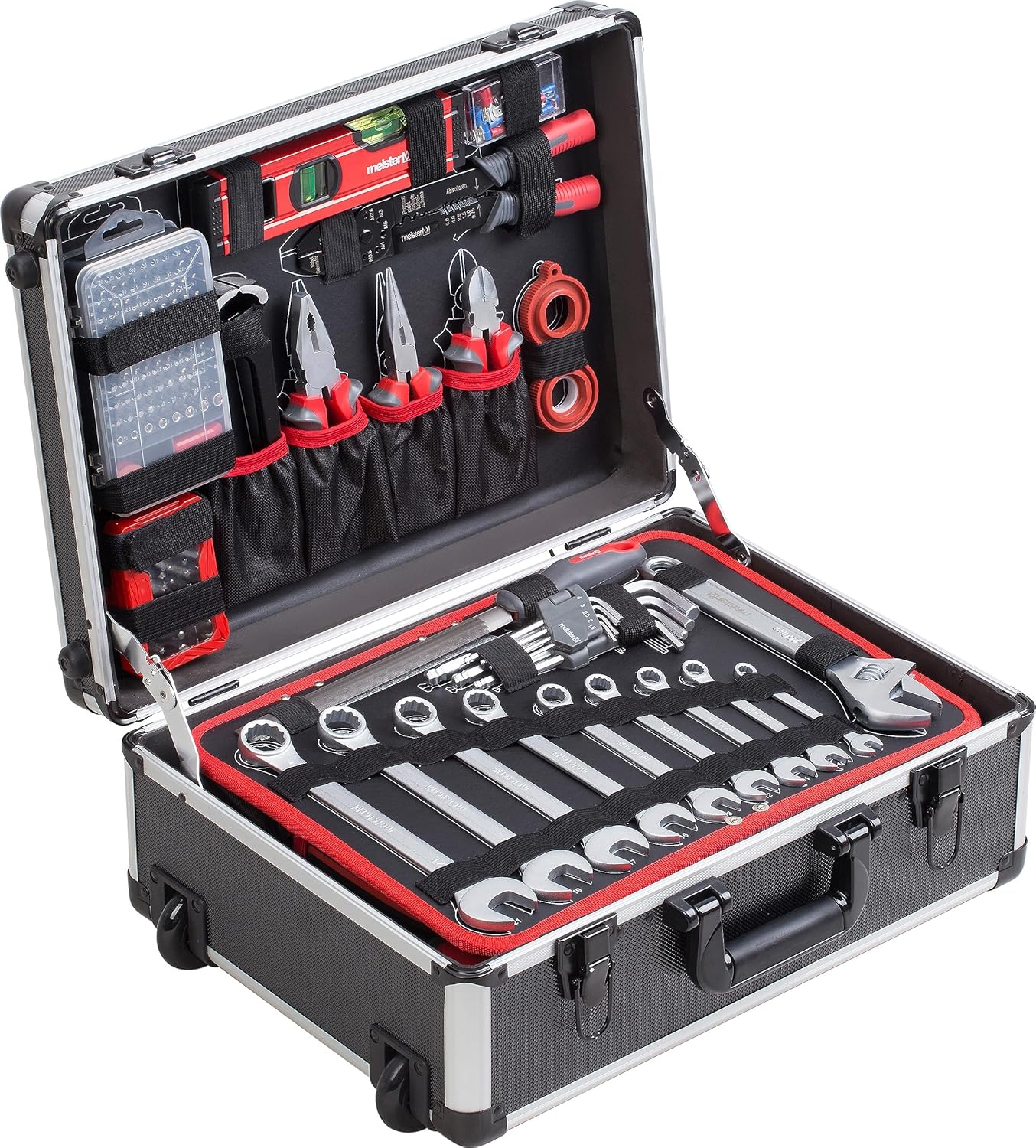 Meister 8973740 - Trolley portautensili, 230 pezzi, con ruote, manico telescopico/cassetta degli attrezzi riempita con ruote e cassetta degli attrezzi