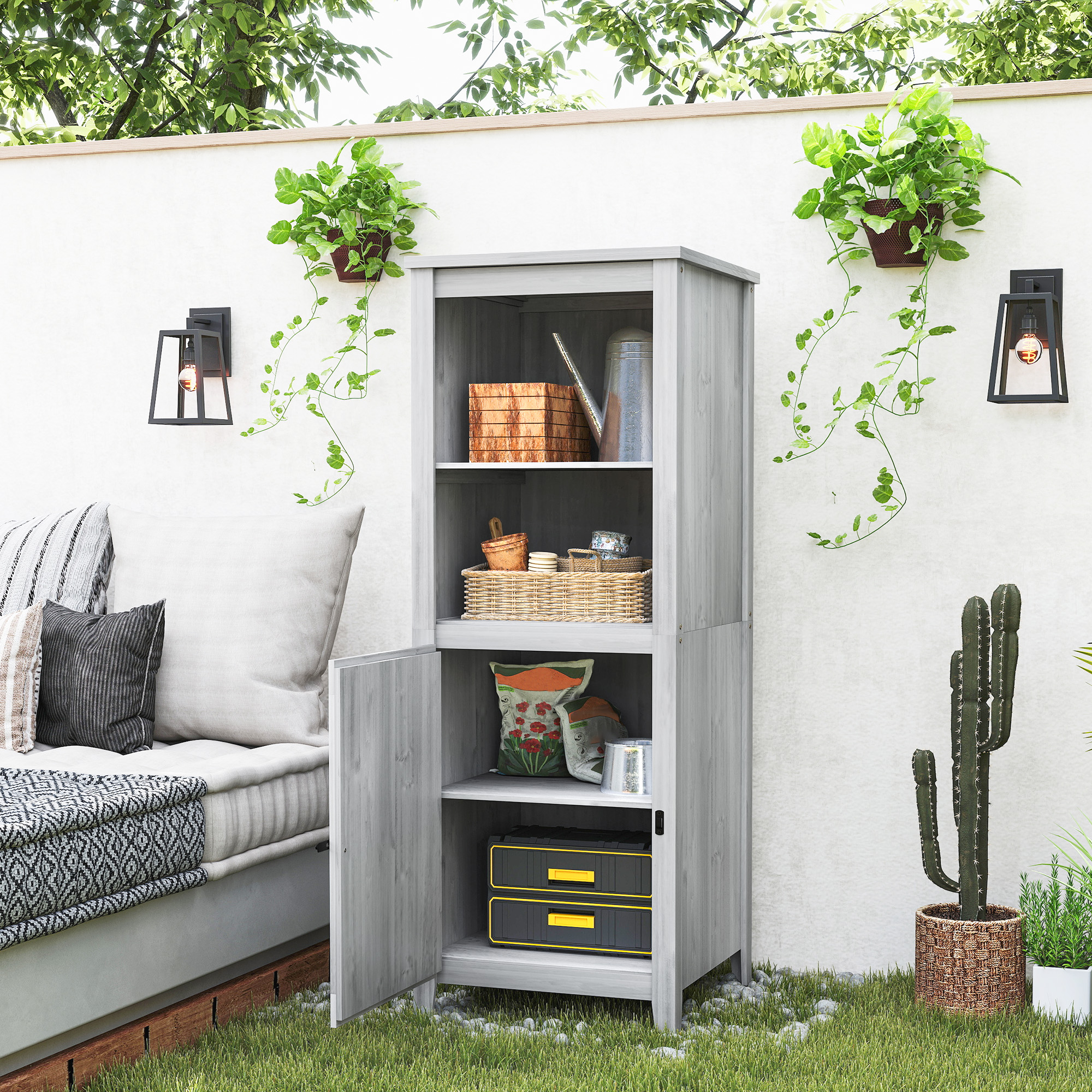 Outsunny Gartenschuppen mit Scheunentür, verstellbare Regale, schlankes Design, Tannenholz, Hellgrau
