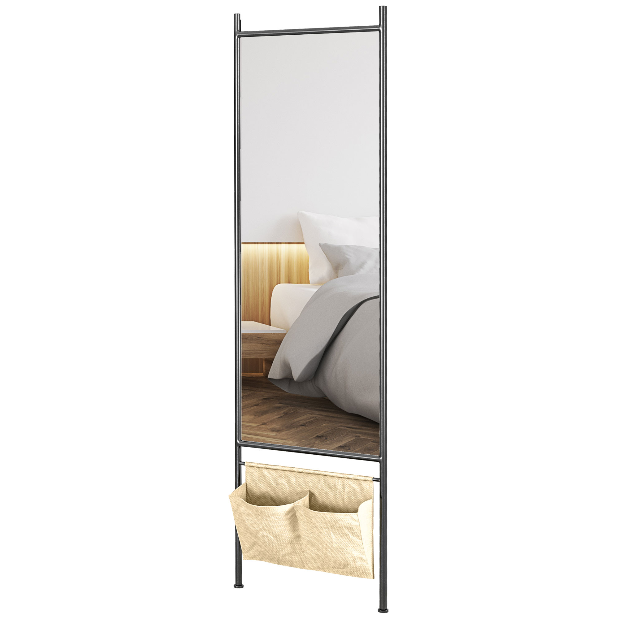 HOMCOM Rechteckiger Standspiegel in voller Länge mit Aufbewahrungstasche, zum Anlehnen oder Anbringen an der Wand, 56B x 190H cm - Schwarz