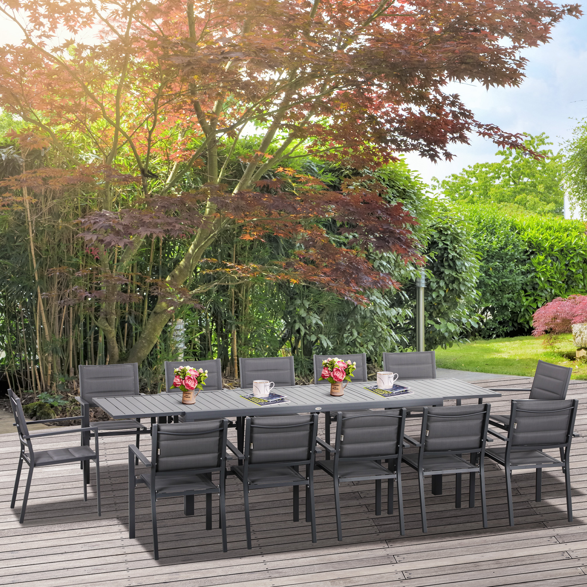 Outsunny Gartenmöbel-Set aus Aluminium und Textilene, ausziehbarer Tisch für 8/12 Personen, 12 stapelbare Stühle, Dunkelgrau