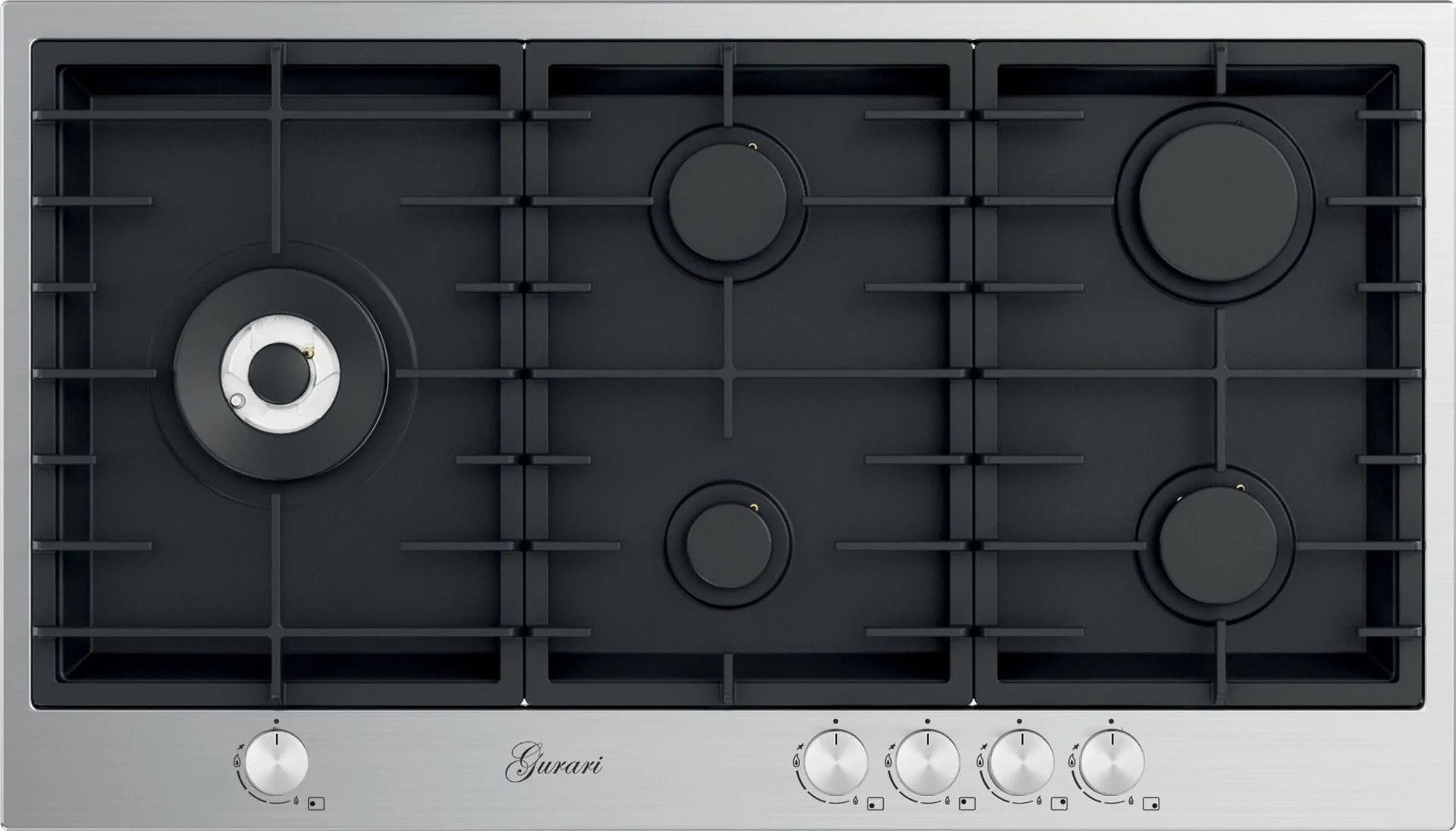 Gas-Kochfeld TY905VPGC 90 cm, Edelstahl- Schwarz Emaliert, 4,0 kW WOK, 5 Gasbrenner,Erdgas, FL.Gas