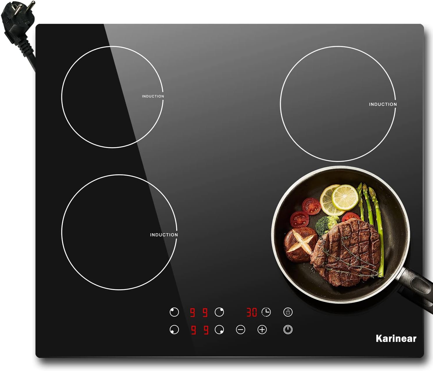 Karinear Piano Cottura Induzione 4 Fuochi, 60cm Piastra Induzione Elettrico 4 Piastre, Piani Cottura con Spina 3500W, 9 Power Comandi Toccare, Blocco di Sicurezza per Bambini, Timer Lock, Vetro, Nero