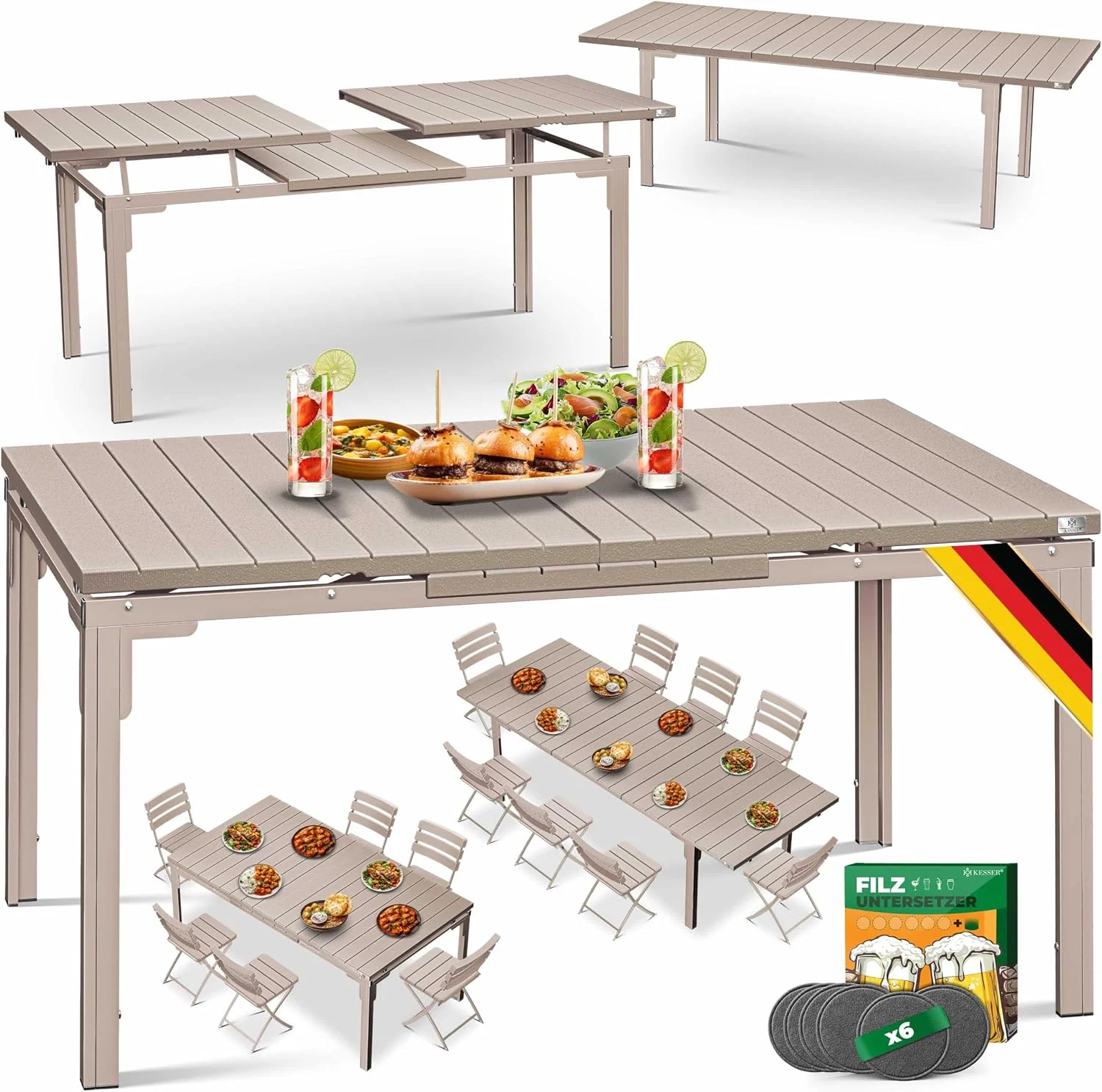 KESSER Gartentisch ausziehbar Esstisch 180/240x90cm erweiterbar bis 8 Personen Ausziehtisch mit pulverbeschichtetem Stahl-Gestell & HDPE Tischplatte