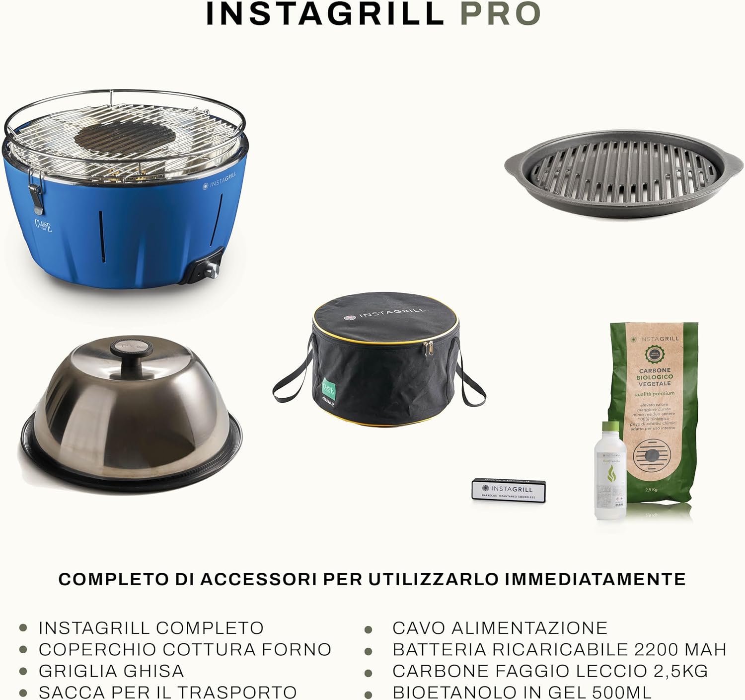 InstaGrill | Barbecue a carbonella con Coperchio e Griglia in Ghisa. Da Balcone, Portatile. Include Batteria Ricaricabile, Carbone e Gel per accensione. PRO Blu Oceano