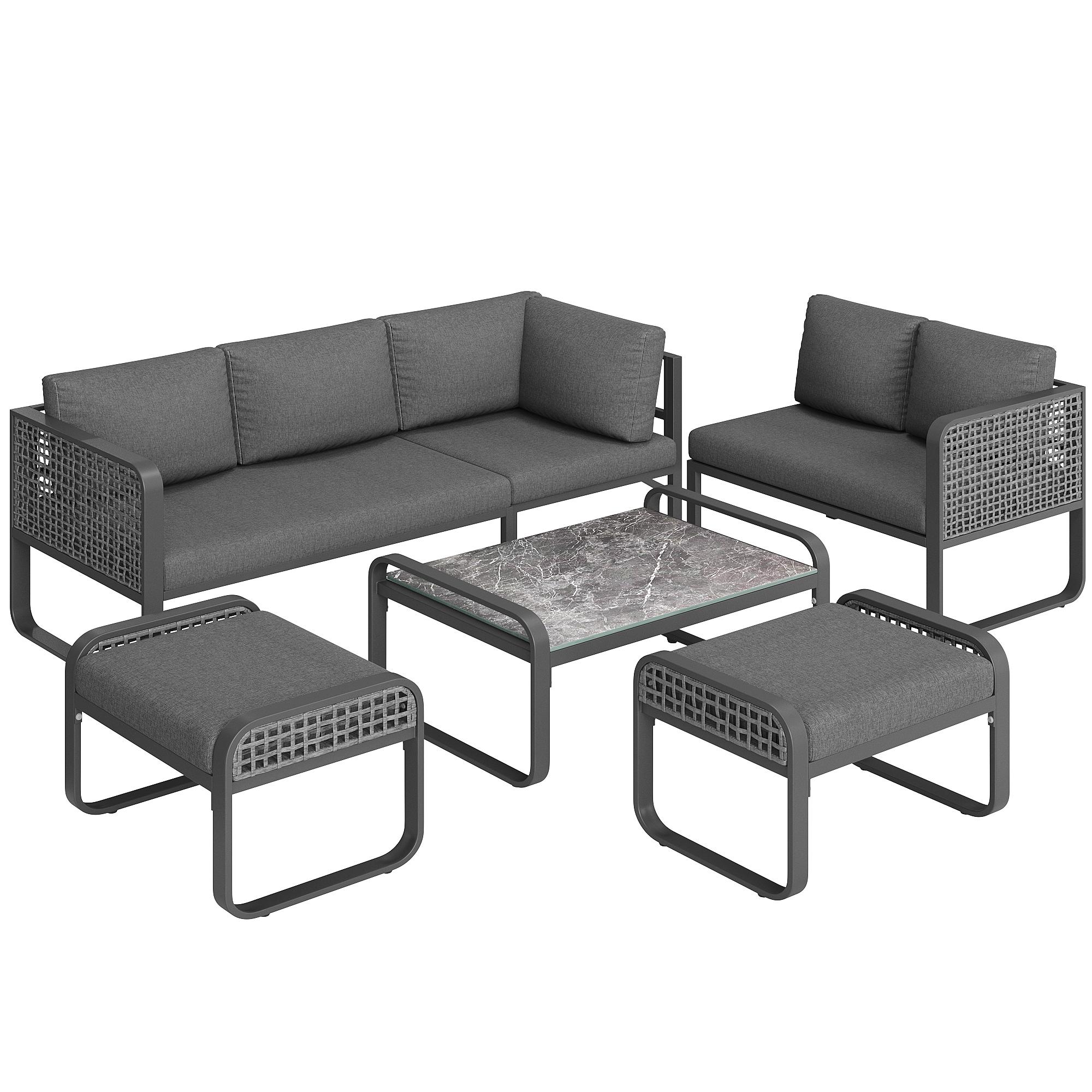Loungemöbel - Rattan-Möbel Set für Garten, Moderner Garten-Tisch mit Stühlen, 120 cm Sofa, für 6-7 Personen, Grau