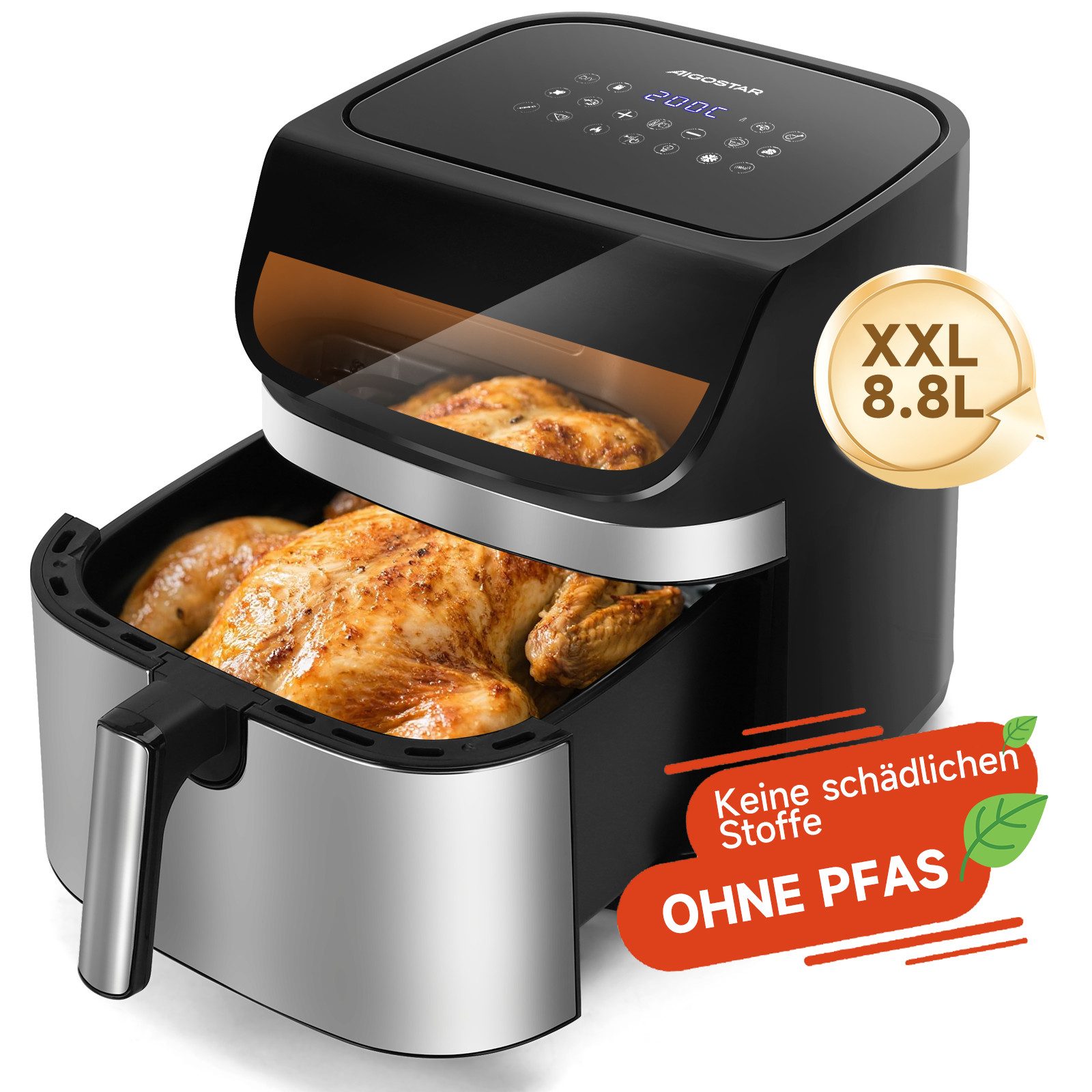 Heißluftfritteuse XXL 8,8L, Dual Blaze, Airfryer 55% energiesparend mit 13 Programme