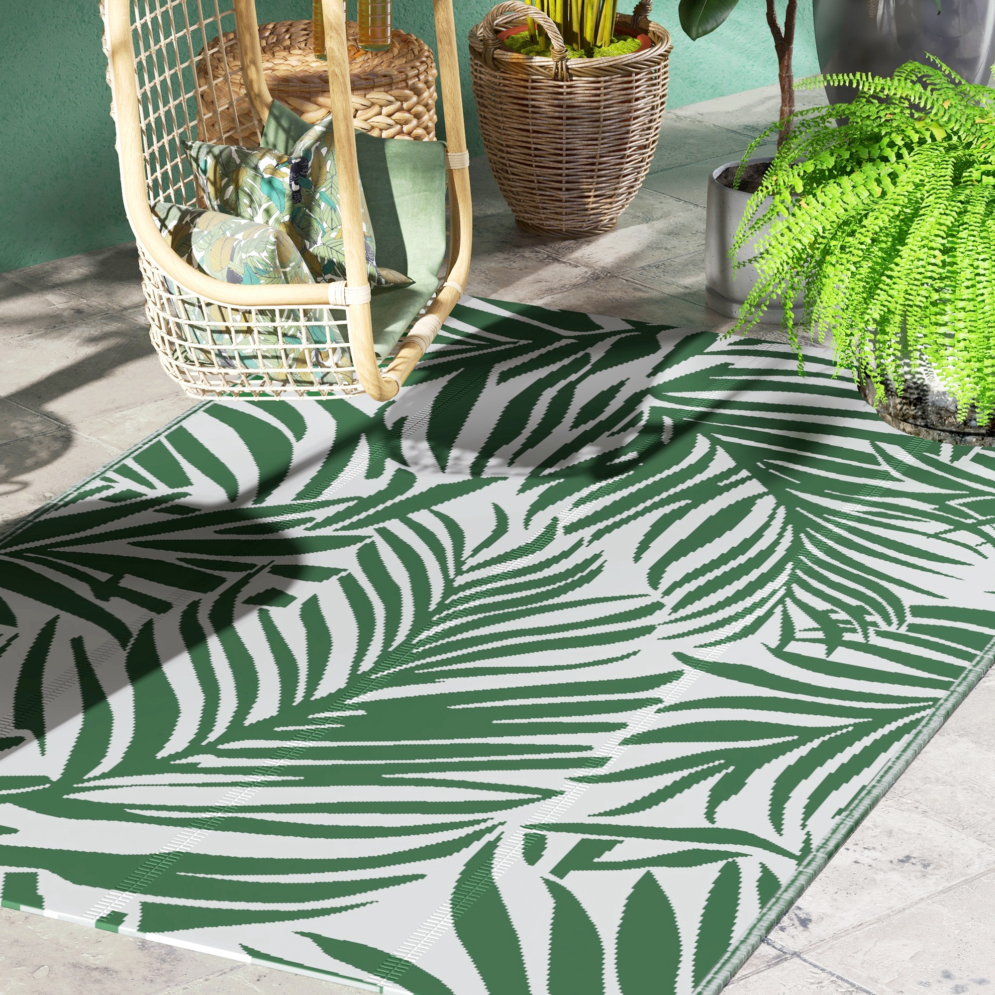 Outsunny Wendbarer Außenteppich mit tropischem Blattmuster - Hochdichtes Polypropylen 310 g/m² Maße 152L x 243B cm