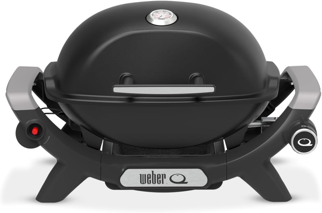 Weber Q 1100N Gasgrill/Tragbarer, leichter Grill für Camping, Terrassen und Balkone mit Hochleistungsbrenner, porzellanemaillierten Gussrosten und elektronischer Zündung, Mitternachtsschwarz