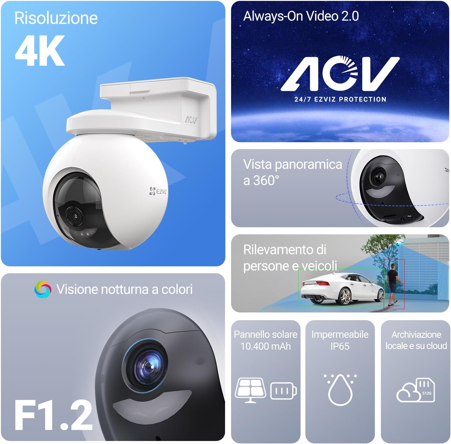 EZVIZ 8MP Telecamera WiFi Senza Fili per Esterni con Pannello Solare da 5W, Rilevamento di Persone/Veicoli, Telecamera Solare per Esterni a 360°, Modalità AOV, Difesa Attiva, CB8 Pro 4K Kit