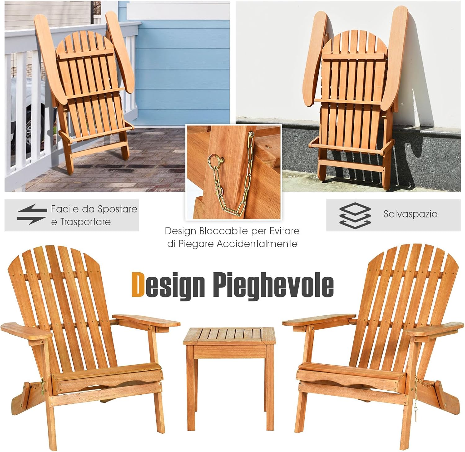 COSTWAY Adirondack 3 Piece Wooden Chairs and Side Table Set Folding Deck Chairs and Side Table with Slatted Design, Wooden Outdoor Furniture for Garden, Patio, Natural