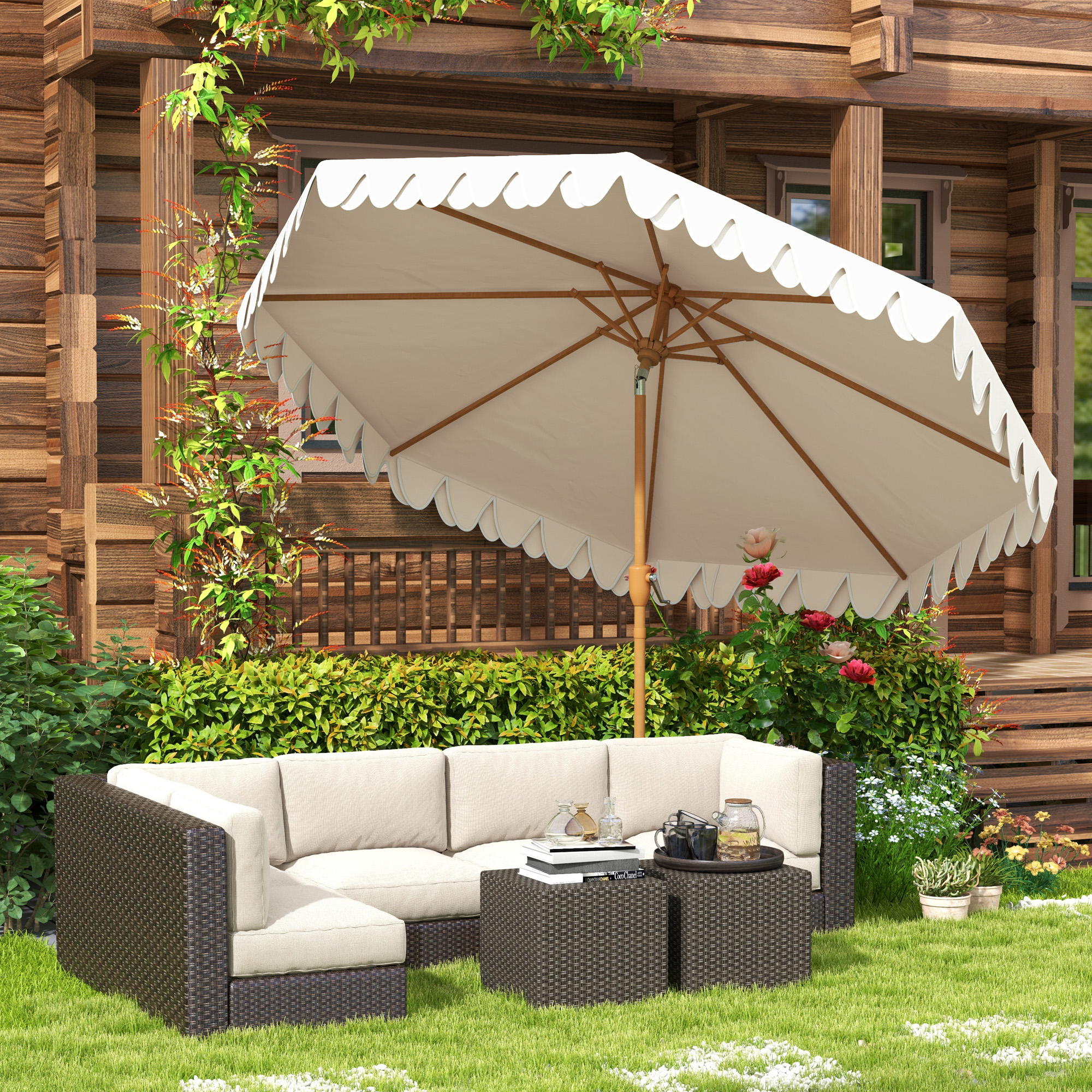 Outsunny Runder neigbarer Sonnenschirm Ø 264 cm mit Volants aus hochdichtem Polyester anti-UV abnehmbarer Mast 8 Rippen - Creme