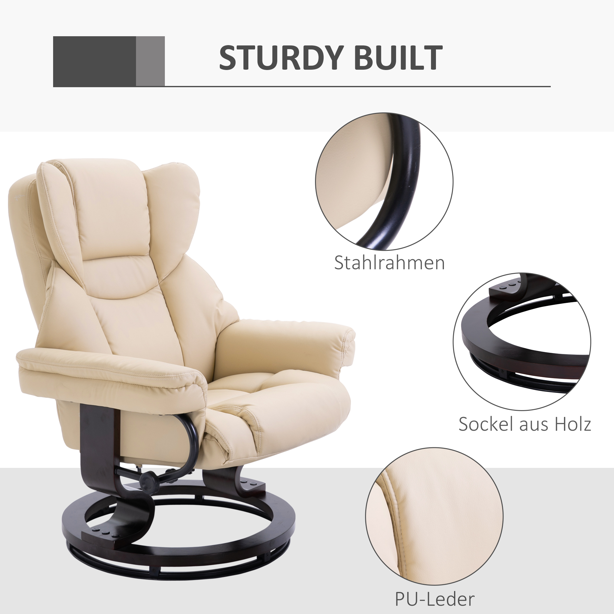 Fauteuil met kruk, ligfunctie, draaibaar, tot 160 kg, kunstleer, metalen frame, cr��me, 80 x 79 x 100 cm