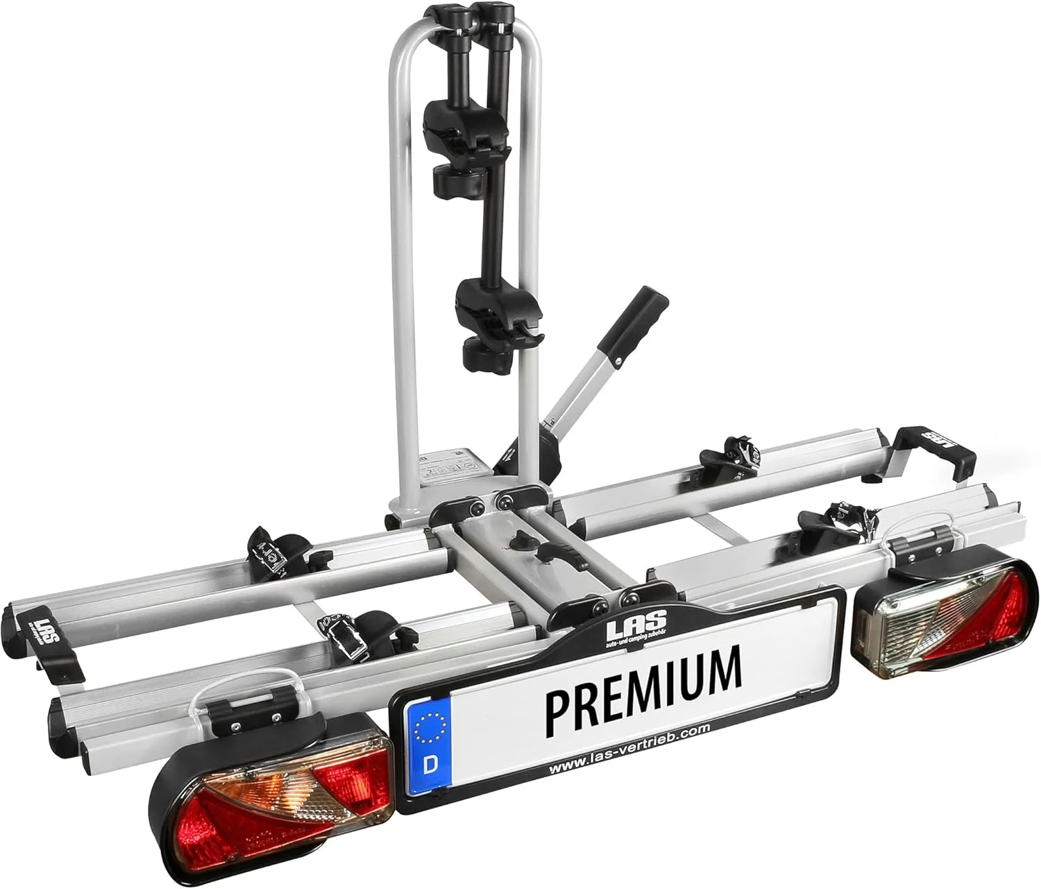 EUFAB 12010LAS fietsendrager POKER-F, geschikt voor e-bike, volledig voorgemonteerd, diefstalbeveiliging, voor 2 fietsen, voor trekhaak, zwart, 142 x 70 x 58 cm