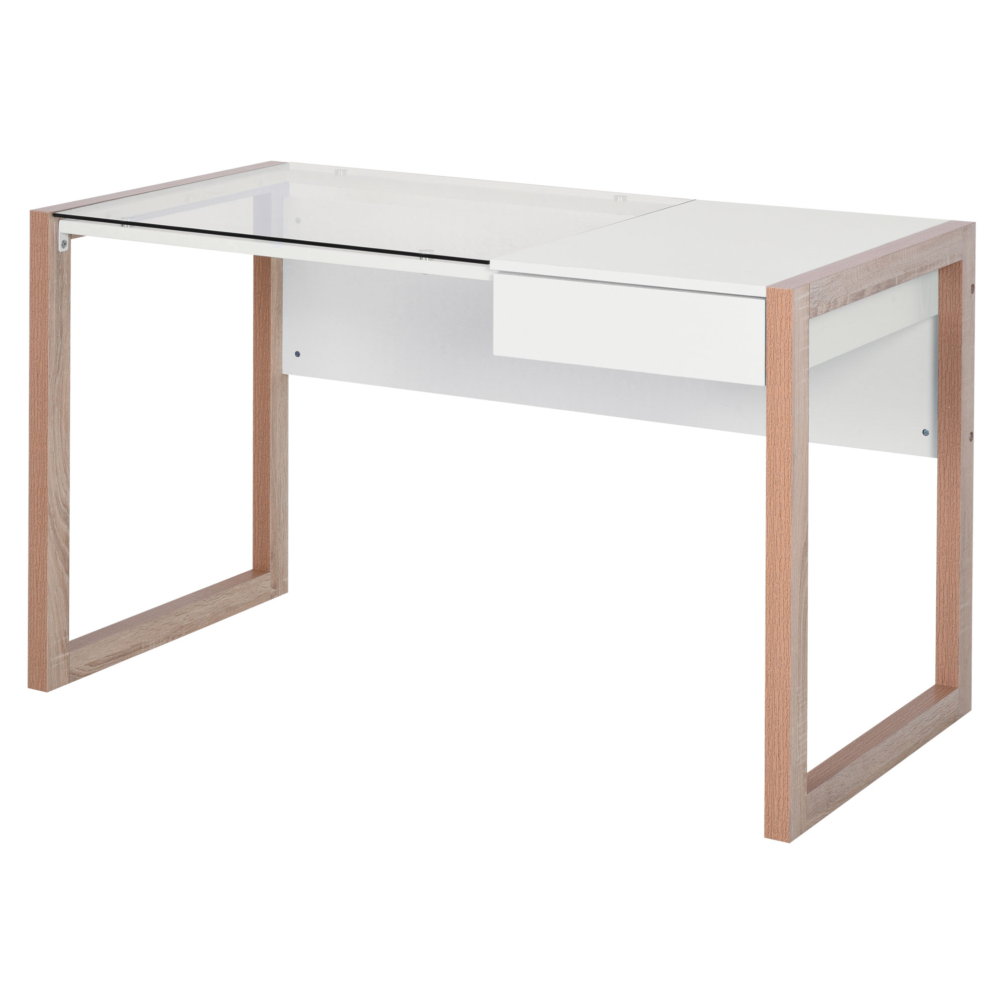 HOMCOM Computertisch Arbeitstisch mit großem gehärtetem Glasplatte und integrierter Schublade Ideal für Büro Schlafzimmer 120 x 60 x 75 cm Weiß und Holz