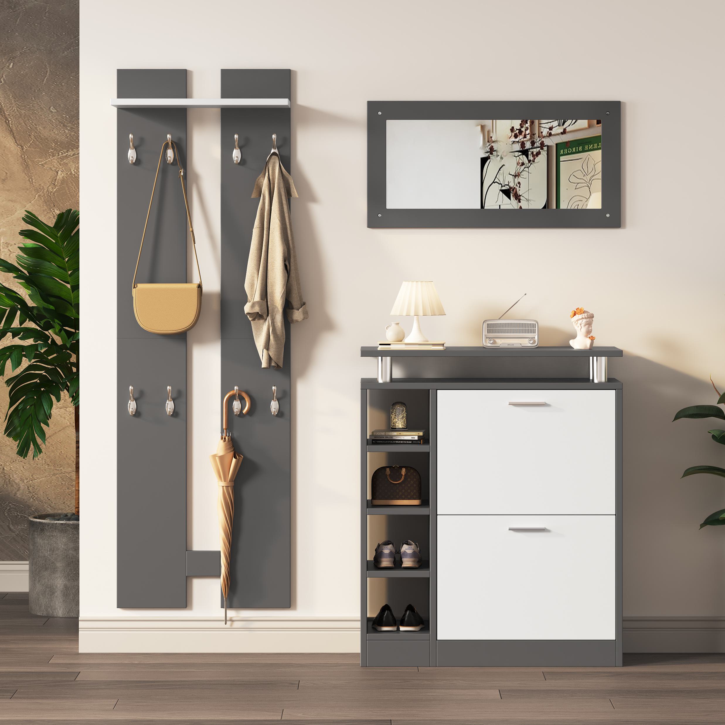Garderoben Set mit Spiegel, 2 Wandpaneelen, Regalwand und Schuhschrank für kleine Räume, Weiß+Grau