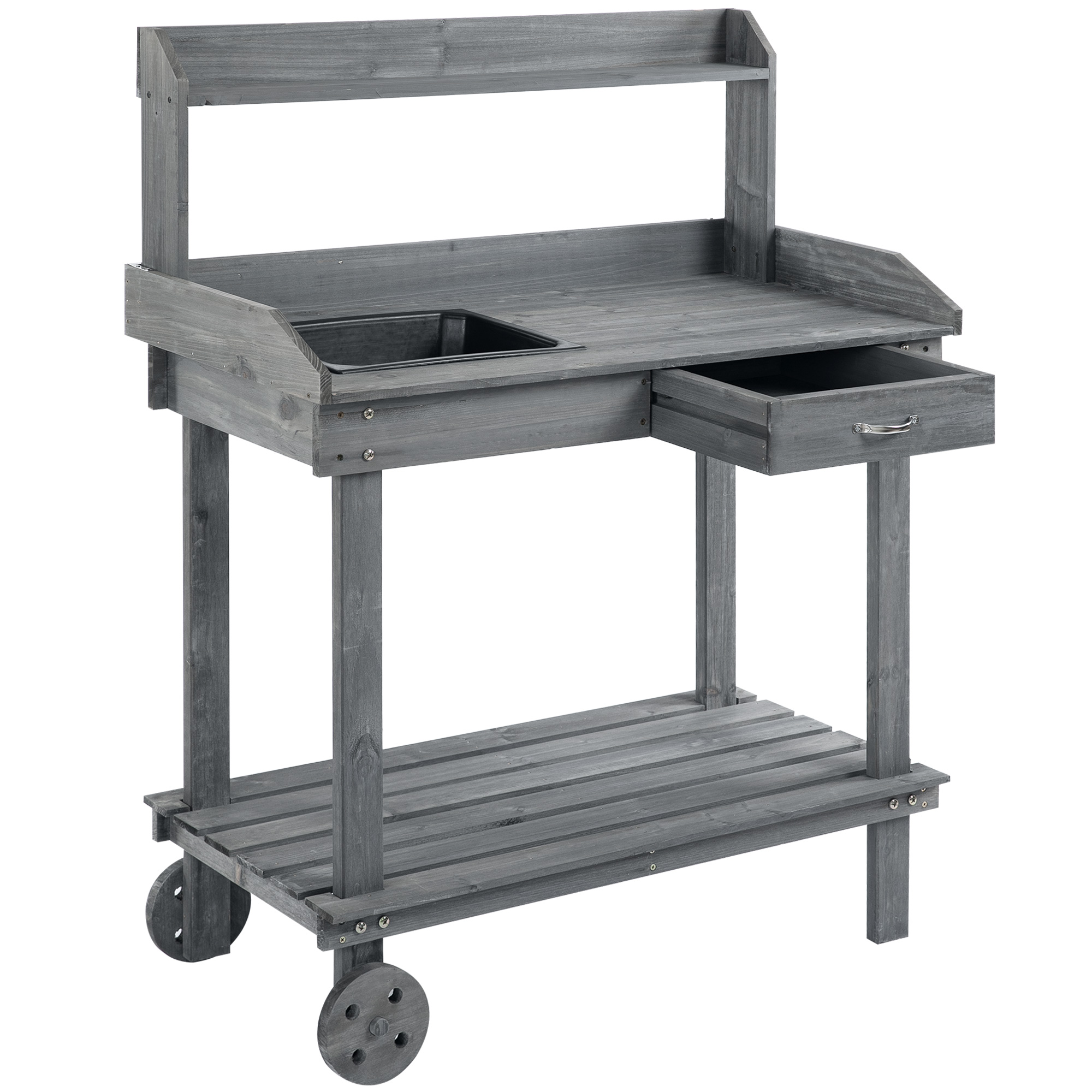 Outsunny Pflanztisch mit Schublade 2 Stufen Gärtnertisch mit waschbecken und Rollen Garten Tannenholz Grau 92 x 45 x 119 cm