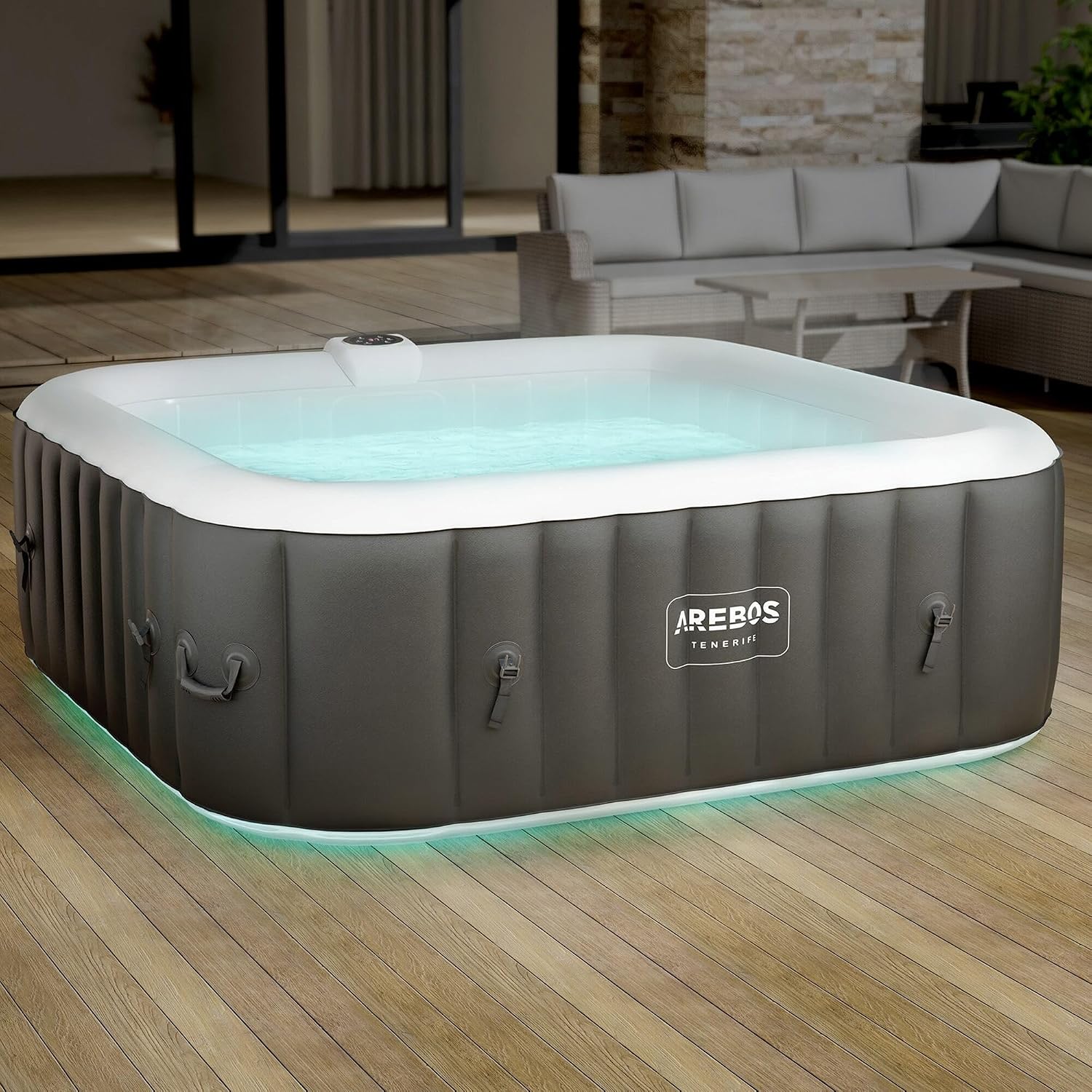Arebos Vasca idromassaggio gonfiabile | 185x185cm | Gonfiabile automatico | 6 persone | striscia luminosa LED | 130 getti massaggianti | 910 litri | incl. copertura | Bubble Spa & Wellness Massaggio