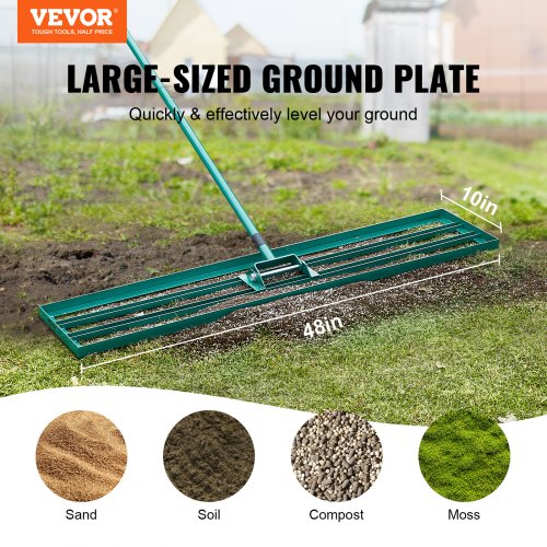 VEVOR Rasenrakel 1219x254mm Bodenplatte Levelawn-Werkzeug Aluminiumlegierung und Q235-Stahl Levelingrake 1981mm Stange Bodenplatte Golf Grass Levelawn zum Einebnen von Sand Erde Kompost und Moos