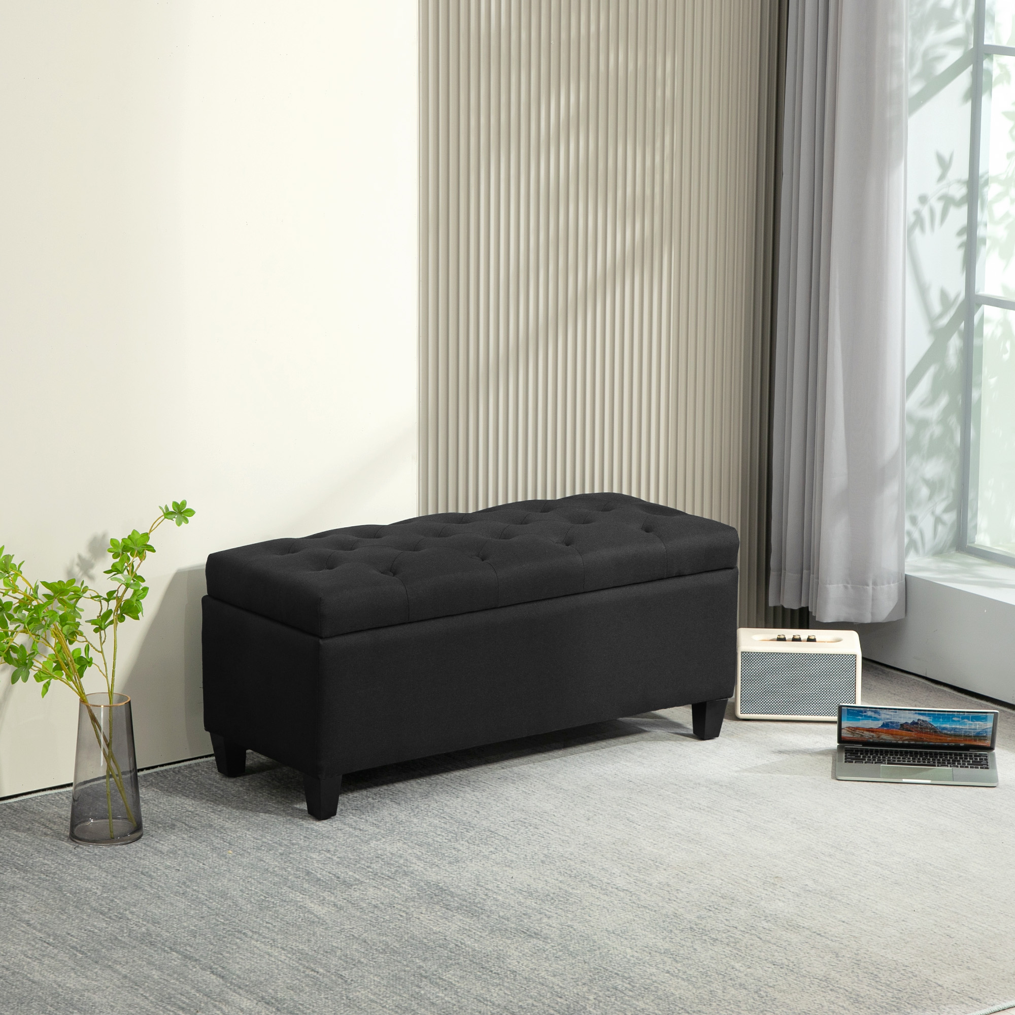 Zitbank met Opbergruimte, Halbank, Linnenachtig Polyester, Rubberhout, Zwart, 100 x 40 x 44 cm
