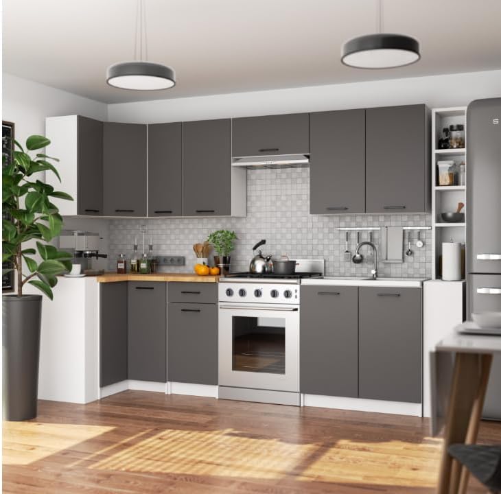 BDW - Küchenschrank Weiß/Grau - Schrank Küche mit Arbeitsplatte und Schubladen - Schrank 60 cm breit, 85 cm hoch - Küchenschränke Einzeln, Küchenmöbel Einzelteile