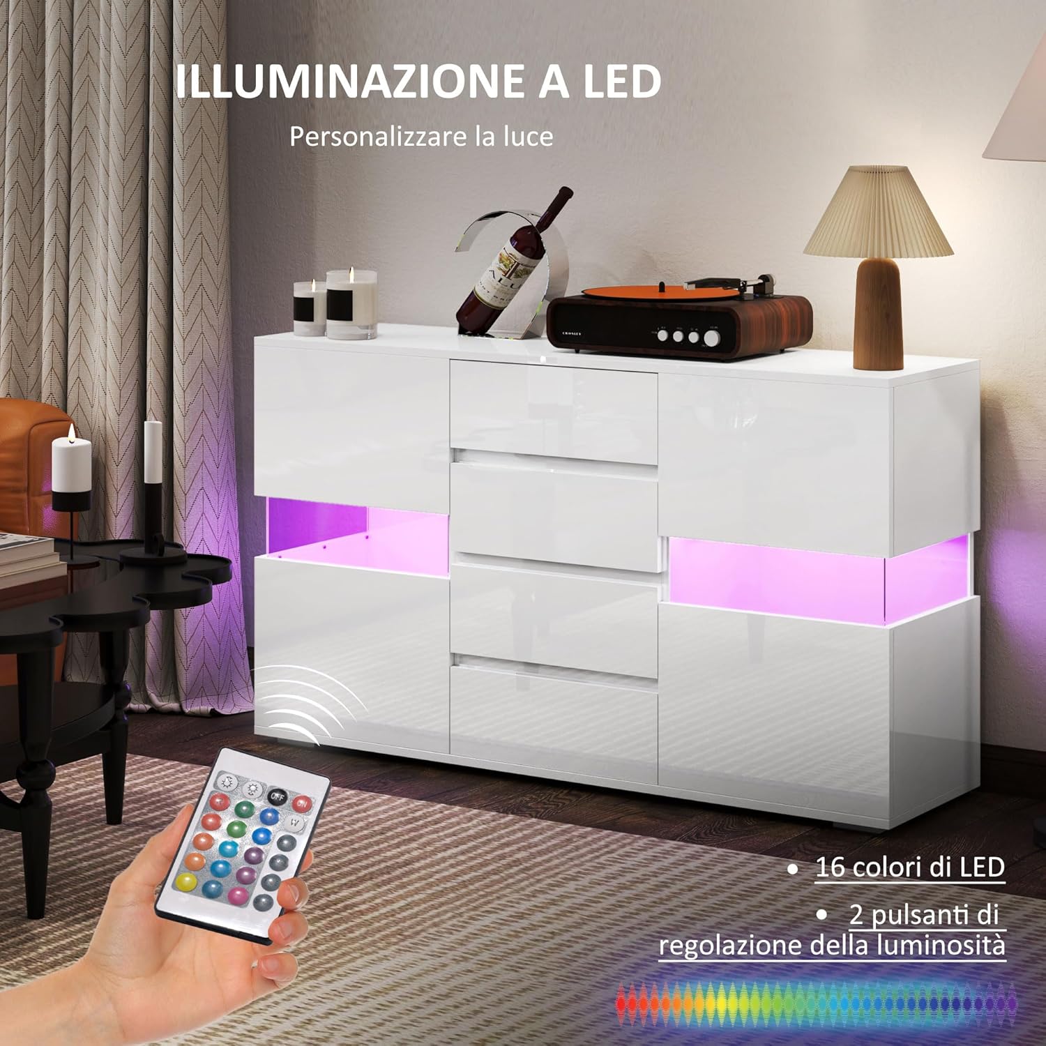 HOMCOM Credenza Moderna con Luce LED Regolabile con Telecomando, Mobile da Salotto con 4 Cassetti e 2 Armadietti, 120x34x70 cm, Bianco