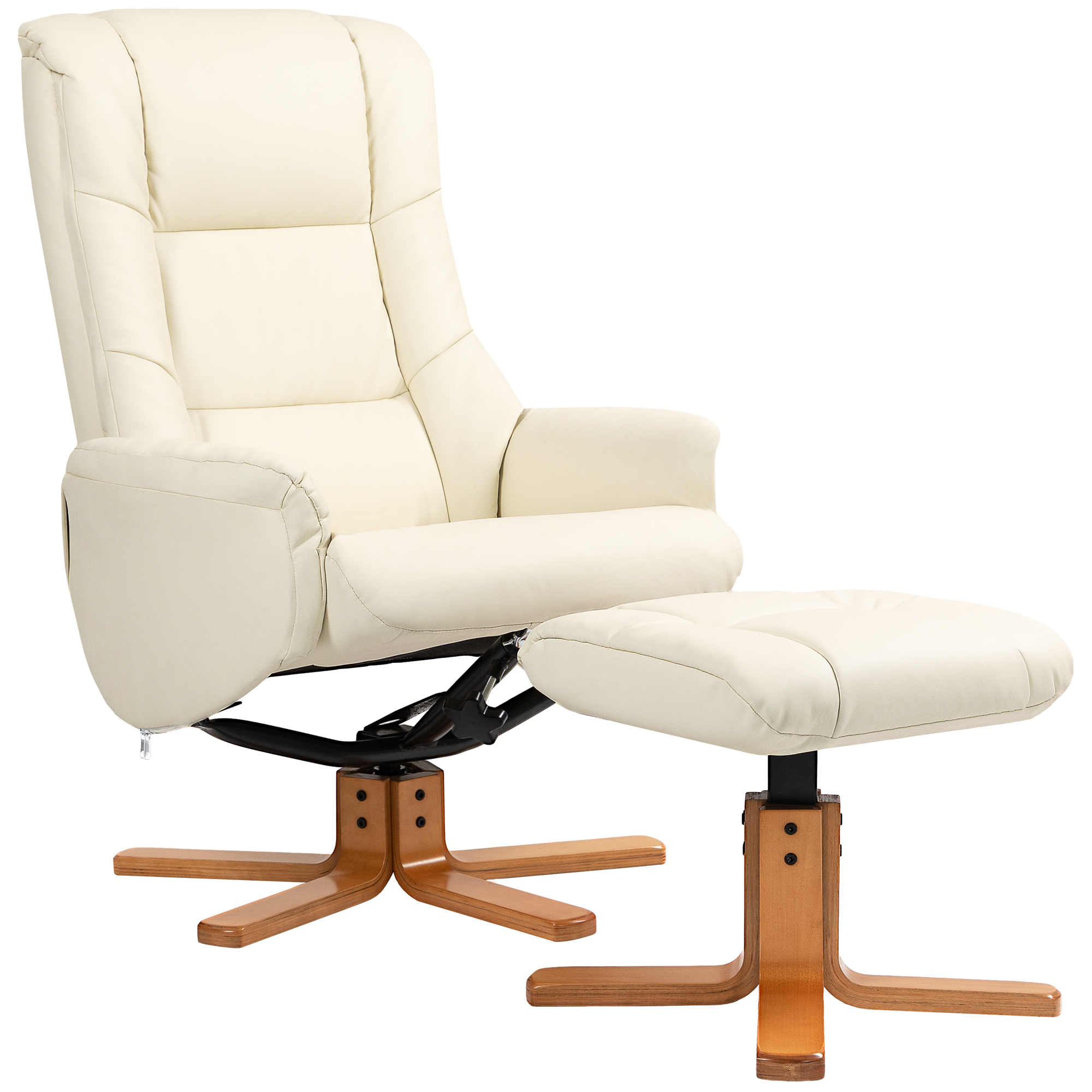 HOMCOM Relaxsessel mit Hocker, Liegefunktion, Kunstlederbezug, bis 150 kg, 71 x 84 x 102 cm, Cremeweiß