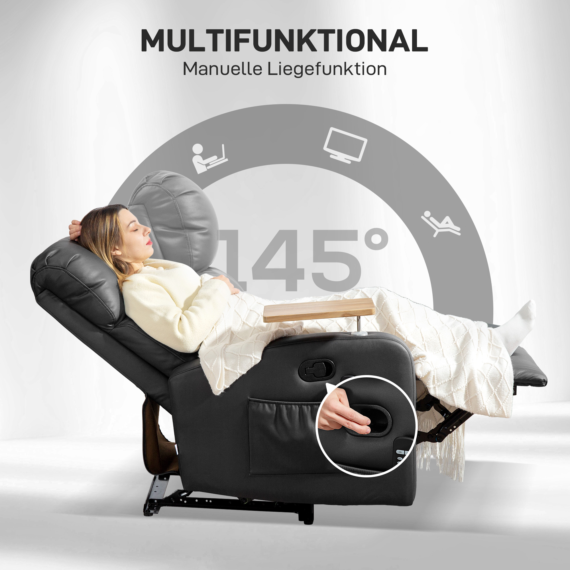 HOMCOM Massagestoel Relaxstoel Ligstoel, Met 1 Uitklapbare Tafel, 1 Voetensteun; 77 cm x 93 cm x 105 cm, Zwart