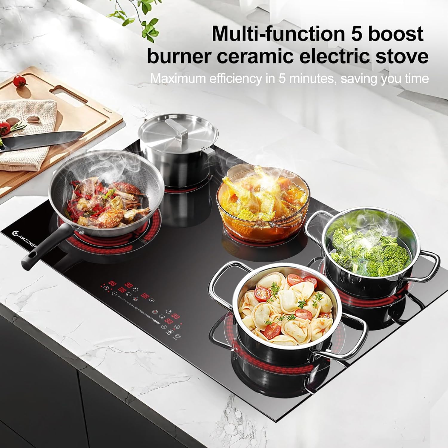 AMZCHEF Induktionskochfeld 5 Zonen Einbau Induktionskochplatte mit Booster und 9 Stufen, Pausenfunktion und warm halten, Induktion Kochfeld mit Slider-Steuerung, Multifunktions-Timer,7400W