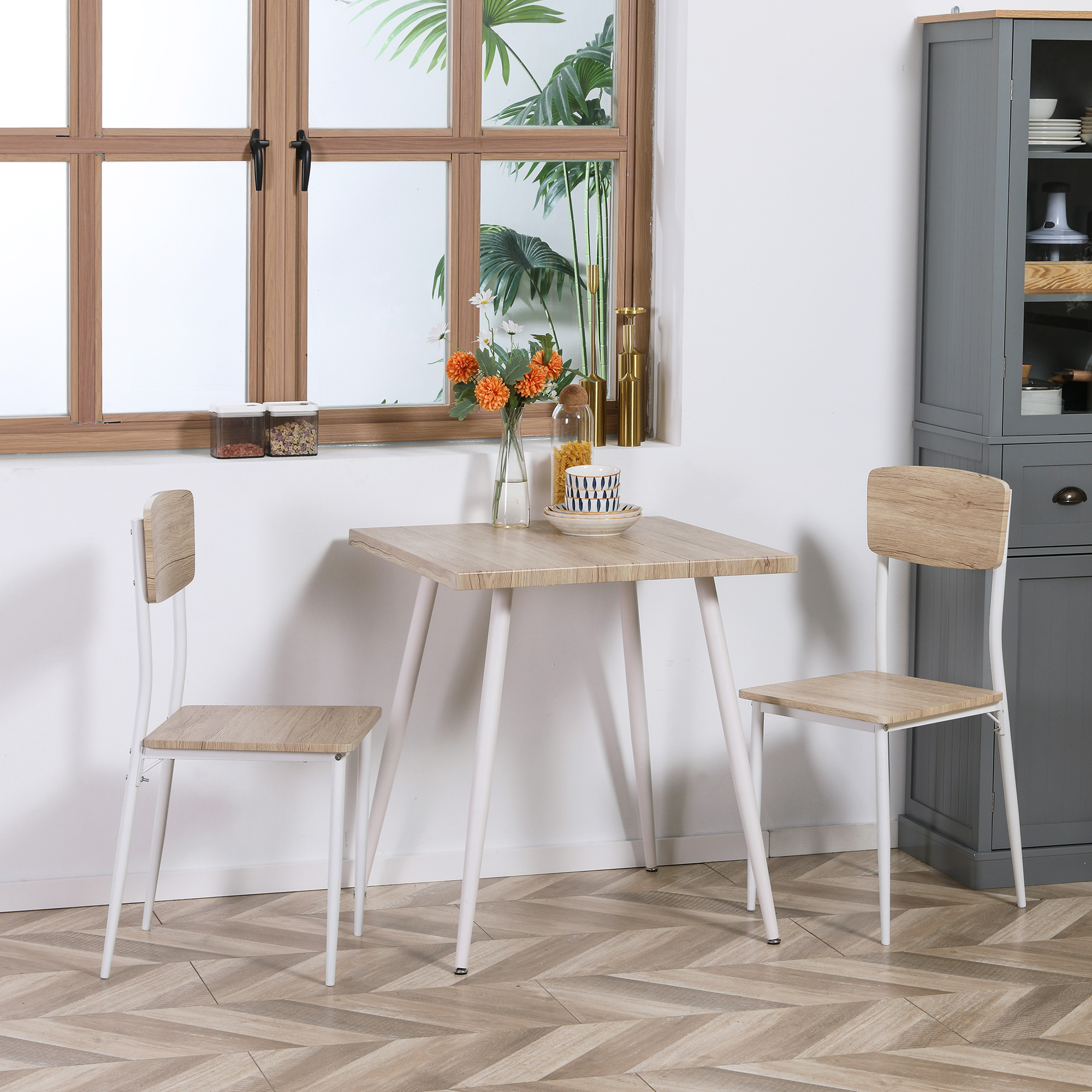 HOMCOM 3-teilige Essgruppe Esstisch mit 2 Stühlen Esszimmergruppe mit Metallgestell Sitzgruppe für Esszimmer, Küche Nautr+Weiß