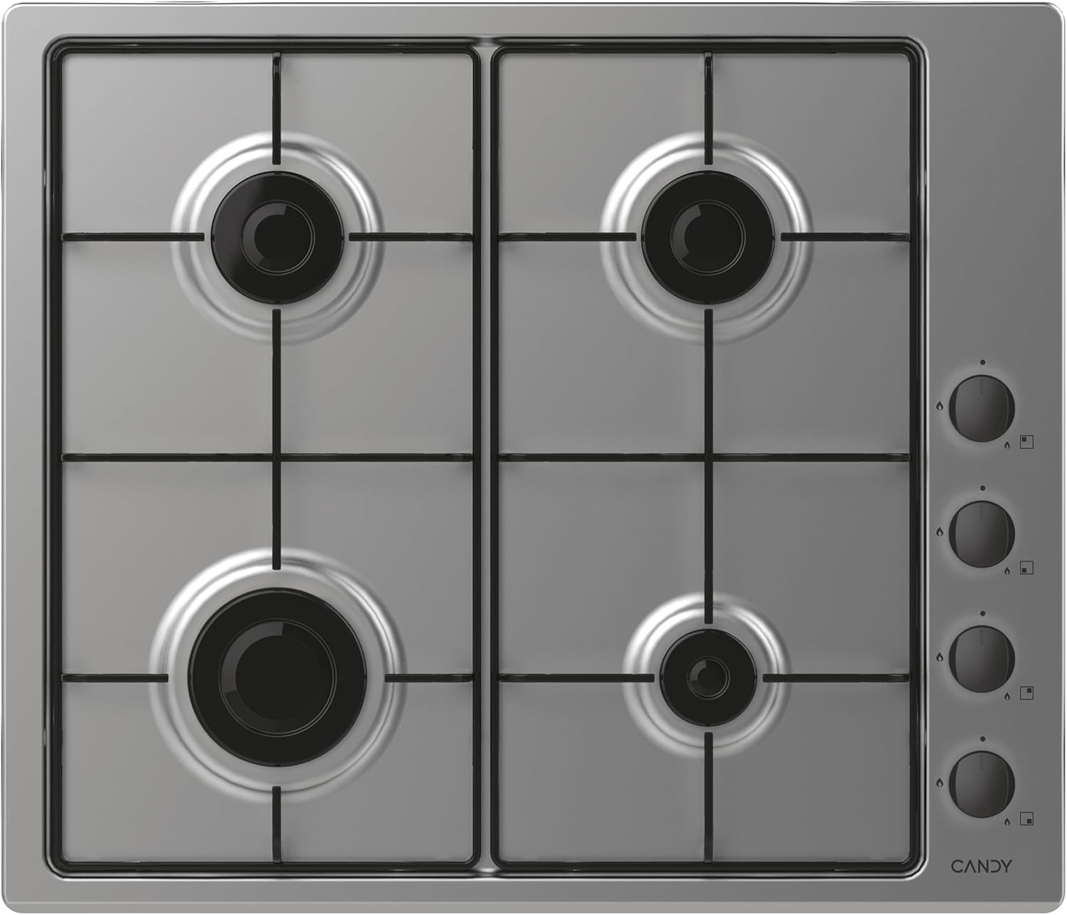 Candy CHW6LBX Piano Cottura a Gas, 4 Fuochi, da Incasso, Griglie in metallo, Valvola di Sicurezza, 59,5x51x8 cm, Acciaio Inox