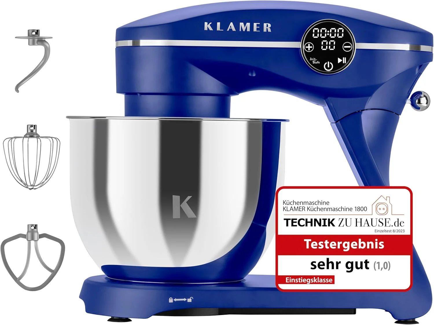 KLAMER Keukenmachine 1800W, Kneedmachine met 6 Liter RVS Kom, 10 Snelheidsstanden met Timer, Klopper, Deeghaak, Garde en Spatdeksel
