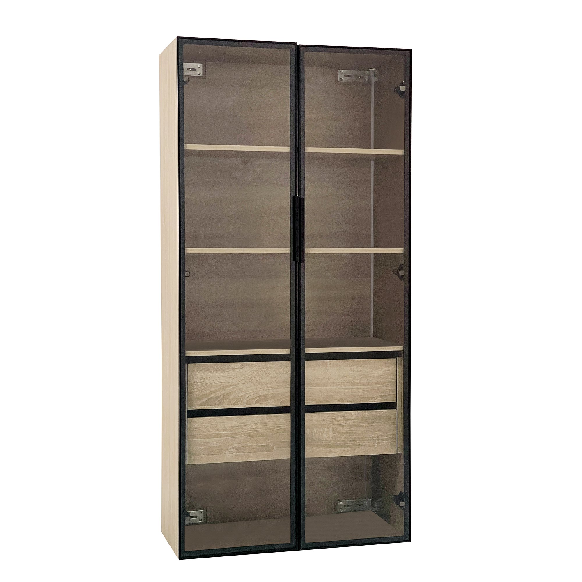 Badezimmerschrank 74x36x155 cm MDF mit LED-Beleuchtung, offenem Regal und Schubladen, Naturfarbe