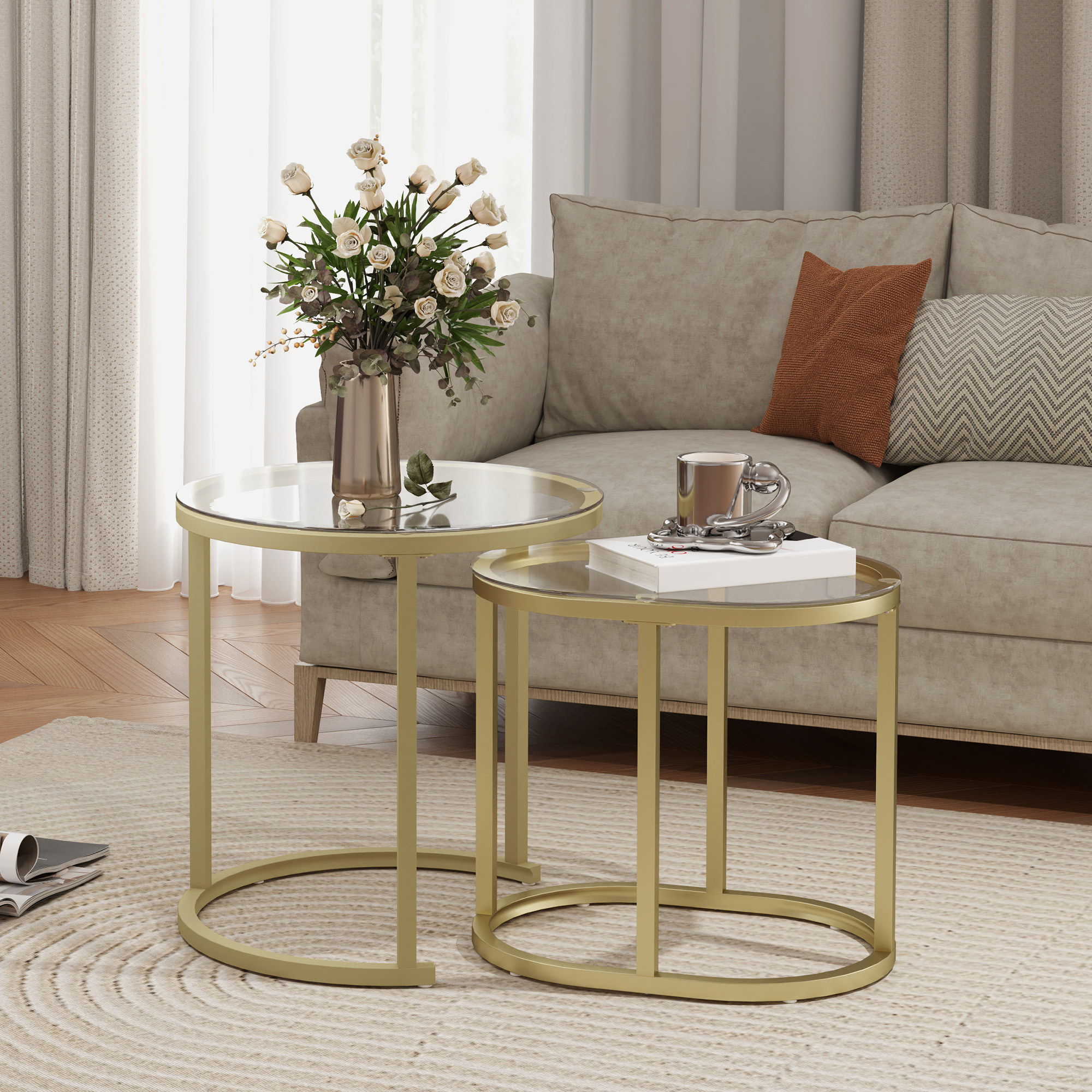 HOMCOM 2er-Set Couchtisch, Ovaler und runder Kaffeetisch, stapelbar, Stahl, Ø50 x 50,5H cm, Gold