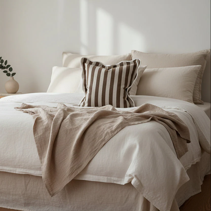 Brown & Cream Stripe Scalloped Edge Cushion with Feather Pad �C 45 x 45cm