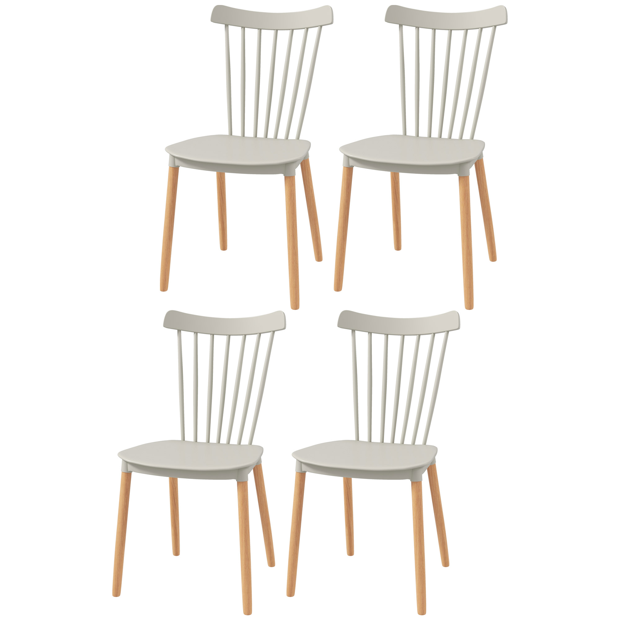 HOMCOM Set mit 4 skandinavischen Stühlen, hohe Rückenlehne, Sitz aus Polypropylen, Buchenholzbeine, 48 x 52,5 x 83 cm, Grau