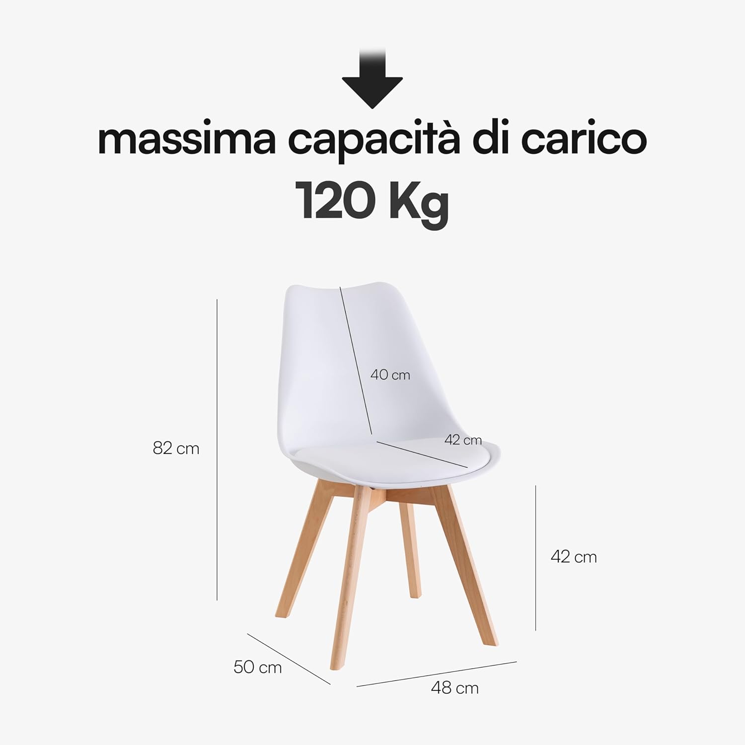 Baroni Home Set di 4 Sedie da Pranzo o Ufficio con Gambe in Legno, Sedia Ergonomica con Cuscino Integrato 57X48X79 cm Bianco