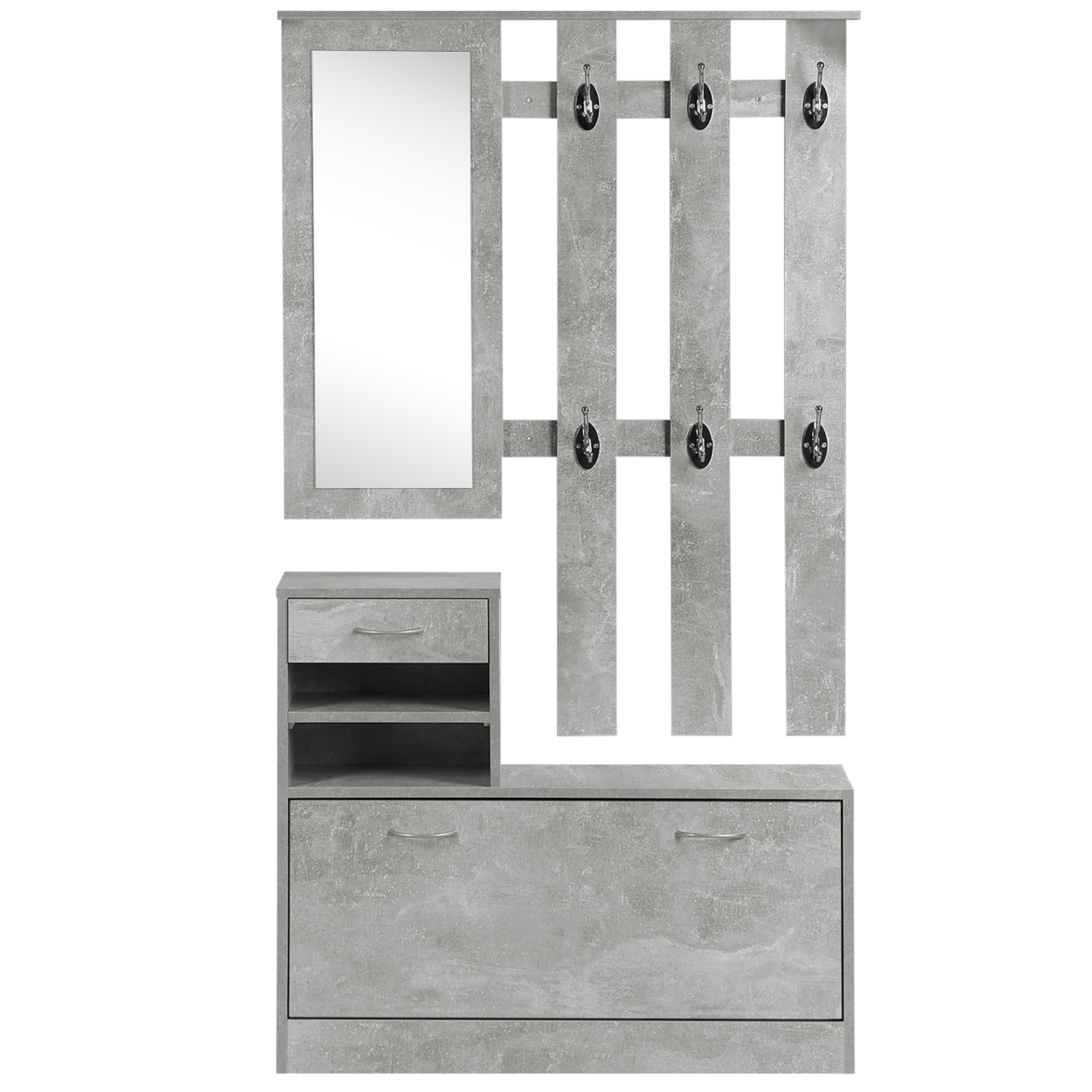 HOMCOM 3-in-1 Eingangsmöbel-Set Garderobe mit Garderobenpaneel, Spiegel und Schuhschrank - 6 Haken und verstellbares Regal, Betoneffekt Grau