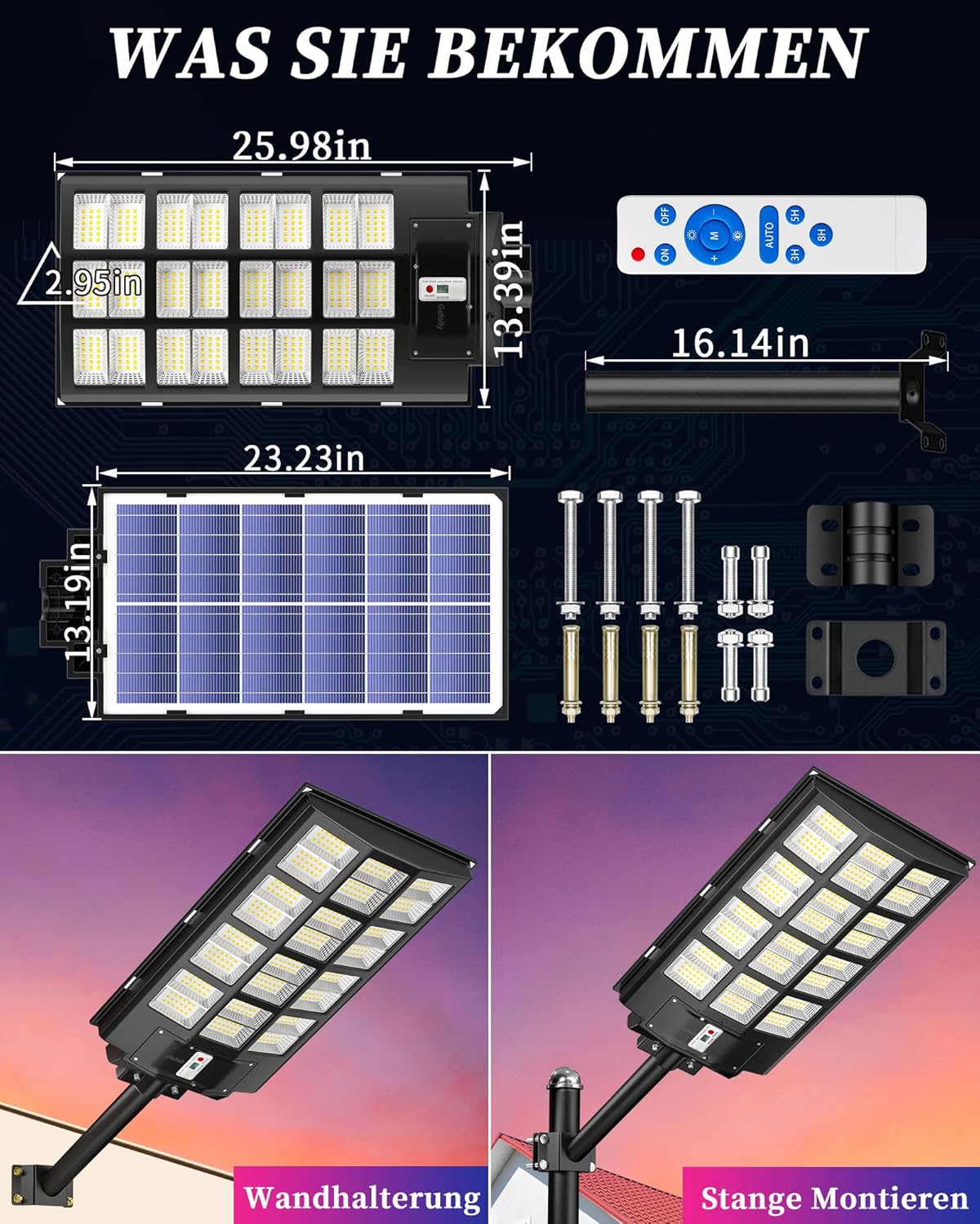Gefolly SL-6800W Solar Straßenlaterne für Außen -600000LM Solarlampen mit Bewegungssensor, 6500K Solarleuchten Dämmerung bis zum Morgengrauen IP67 Solar Wegeleuchte im Freien für Gärten