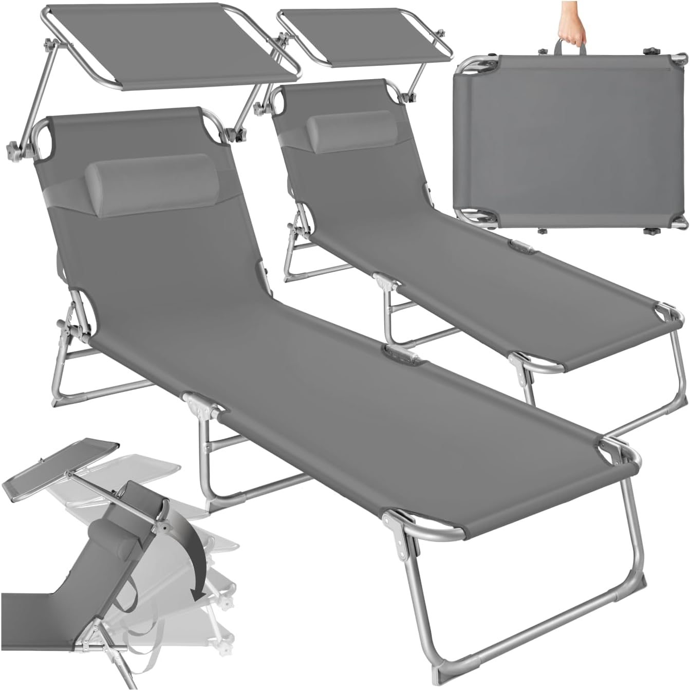 TecTake? Set of 2 Folding Sun Loungers, Folding Sun Loungers with Sunshade, Adjustable Backrest, 4 Positions, Durable Coating, Garden Beach Sun Loungers Sea – Grey