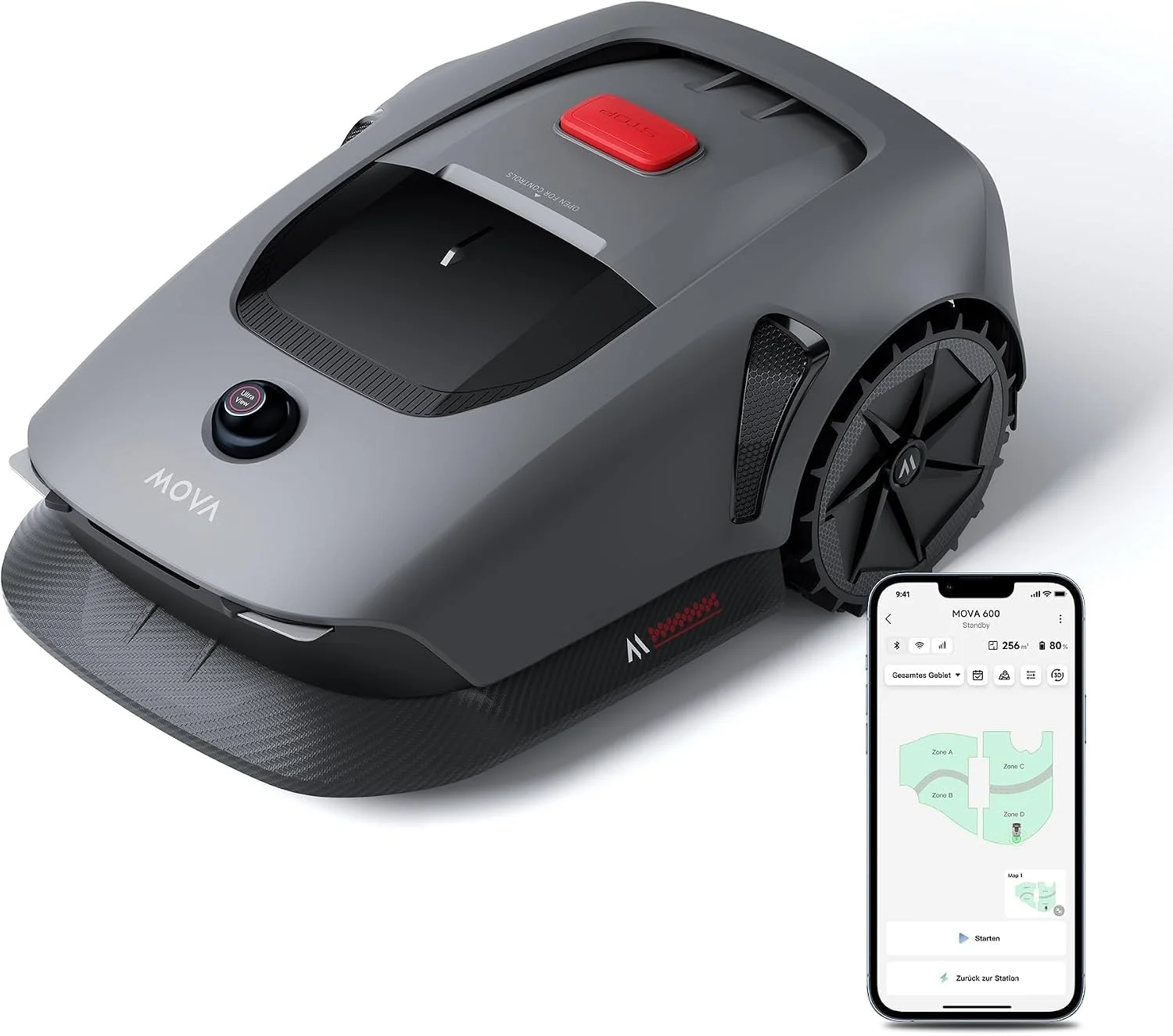 Mova Mähroboter, 800 m, Grau/Schwarz/Rot, 600 Kit, Rasenmäher Roboter mit 81x Ersatzmesser, Smarte Hindernisvermeidung