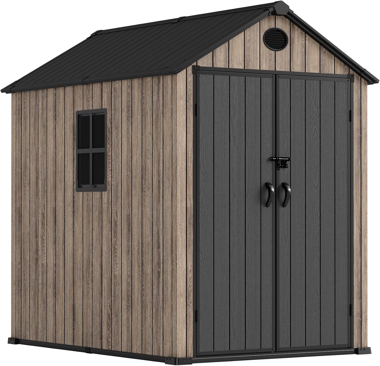 Hoggar - Casetta in resina giardino 3,62 m2 Oak O40 - Pavimento incluso - Finestra laterale - Effetto legno Premium - Doppia porta ampia - Protezione UV e impermeabile - Chiusura con perno