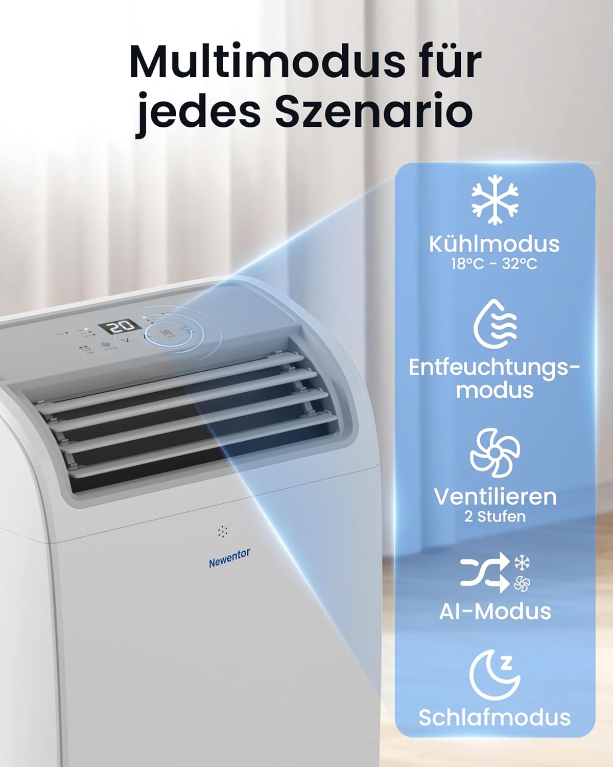 Newentor mobile Klimaanlage 14000 BTU, Klimaanlage mobil mit Abluftschlauch für Räume bis 50㎡, kühlen/entfeuchten/ventilieren mit Fernbedienung