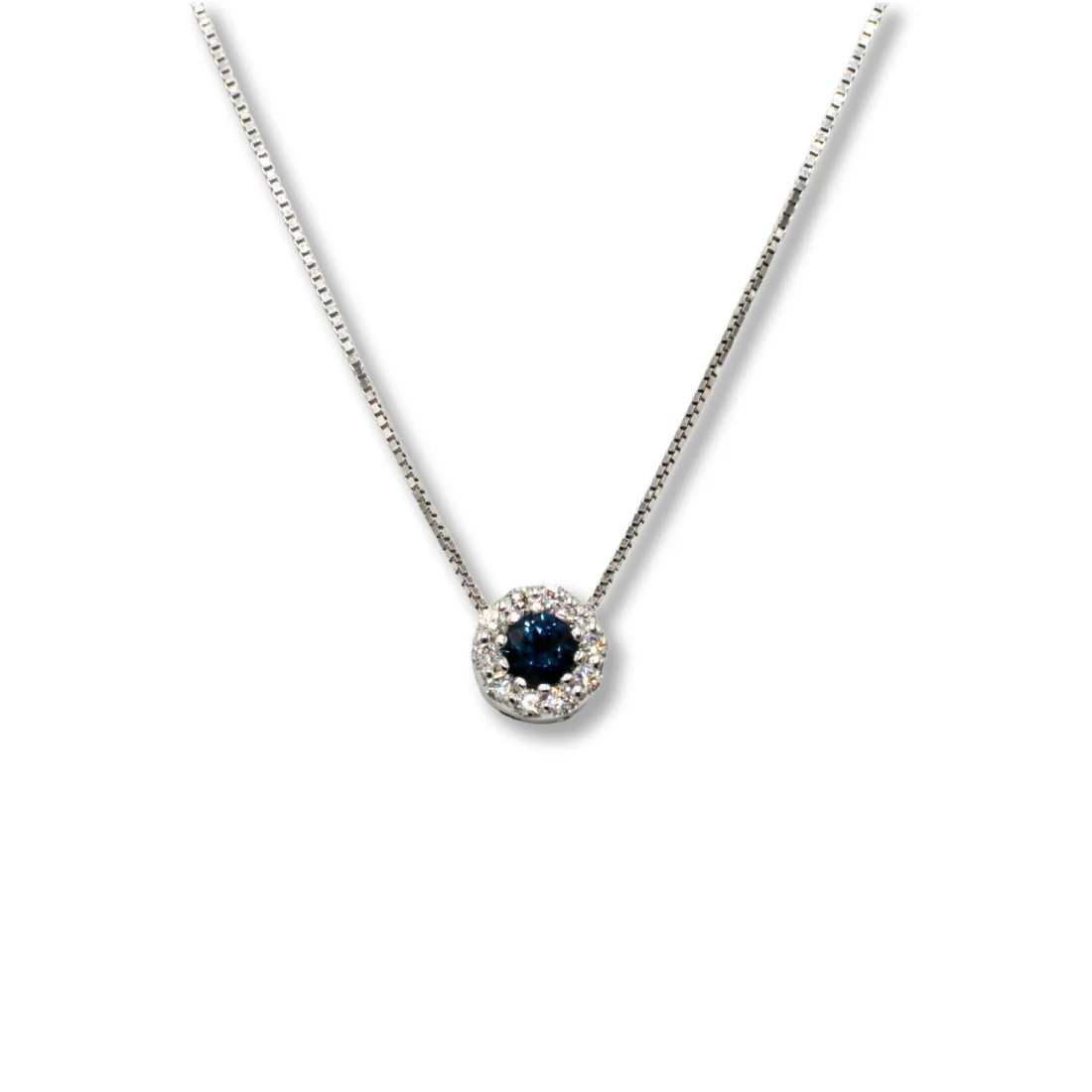 Collana zaffiro tondo e contorno brillanti ct 0,11
