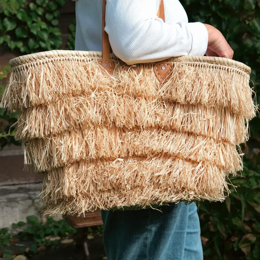 Handmade Moroccan Raffia Fringed Basket �C Large Tote with Leather Handles