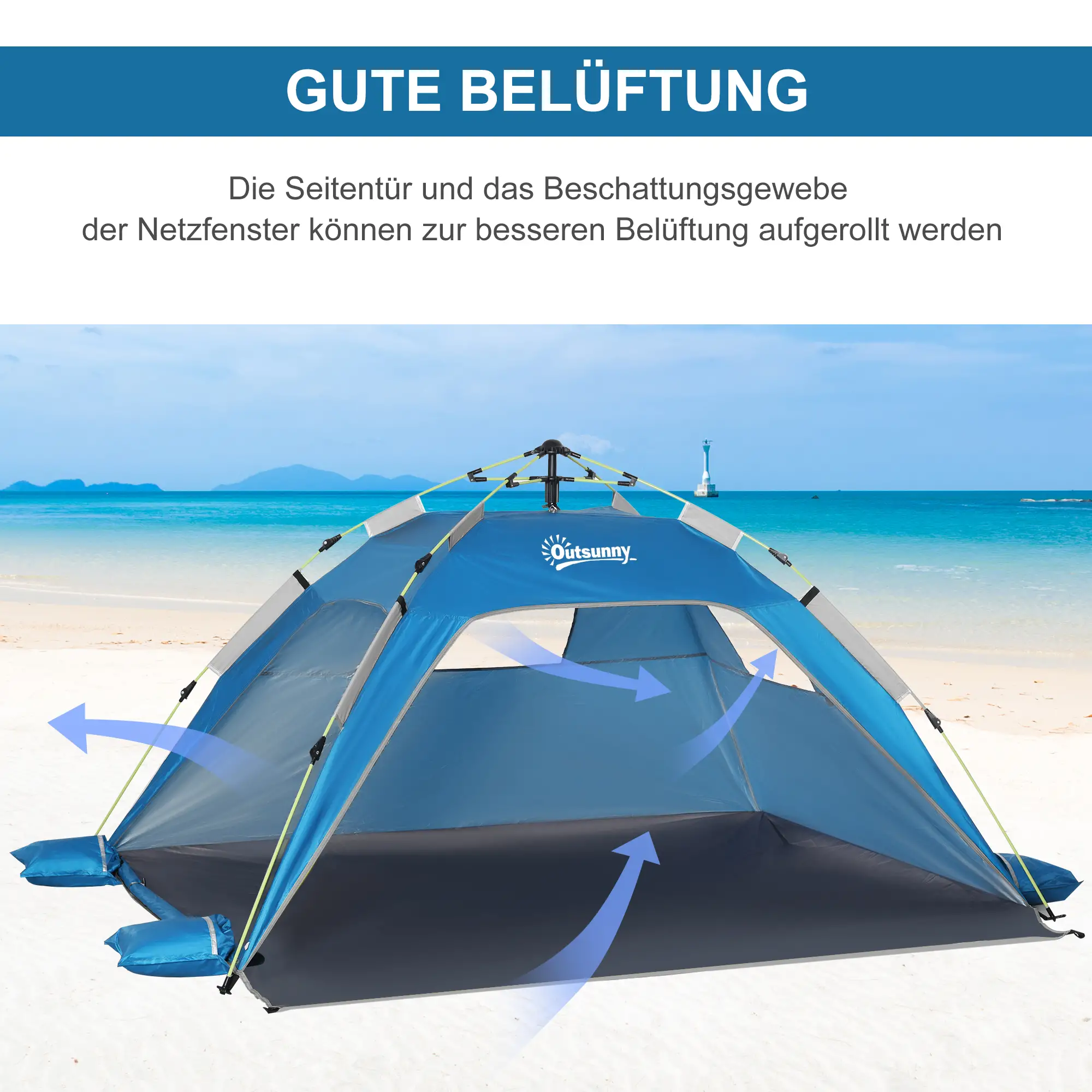 Outsunny Pop-up Strandtent 2 Personen met Ramen Hemelsblauw
