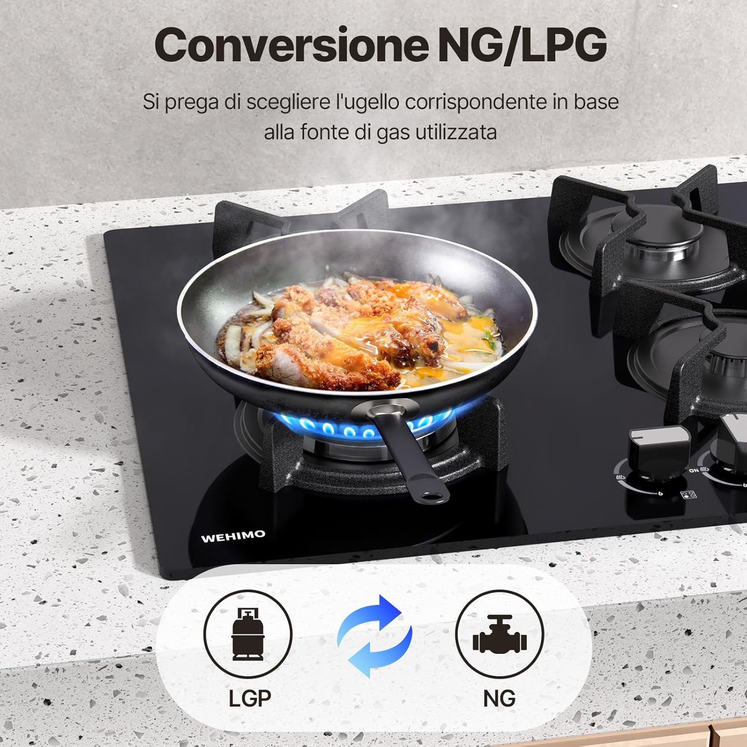 WEHIMO Piano Cottura a Gas 4 Fuochi da Incasso, 60cm, 7800W, Protezione Flame-Out, Gas Naturale/Propano/Butano, Vetro Nero