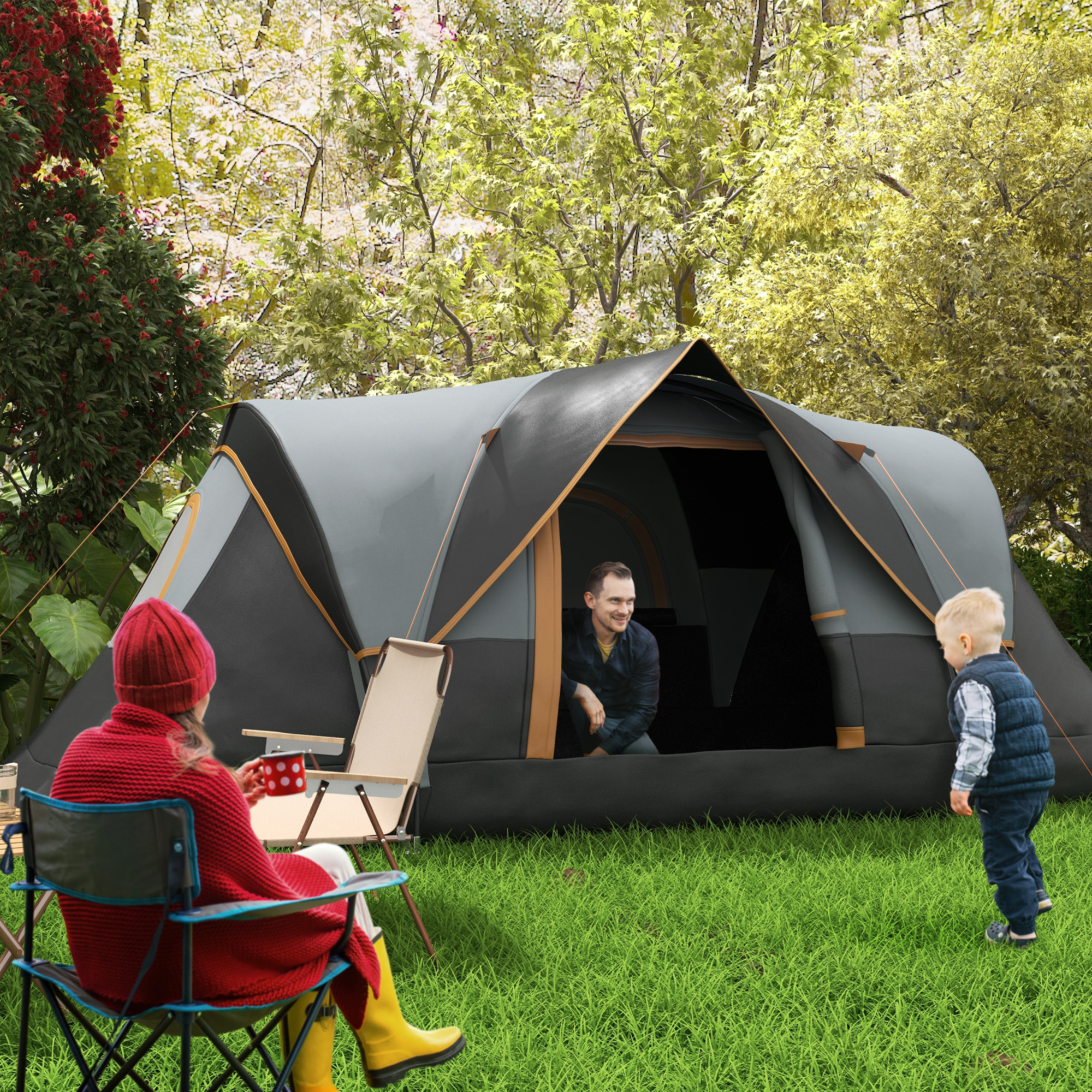 Outsunny Campingzelt für 5-6 Personen, Familienzelt, Tragetasche, 4,55x2,2x1,8m, Hellgrau/Schwarz