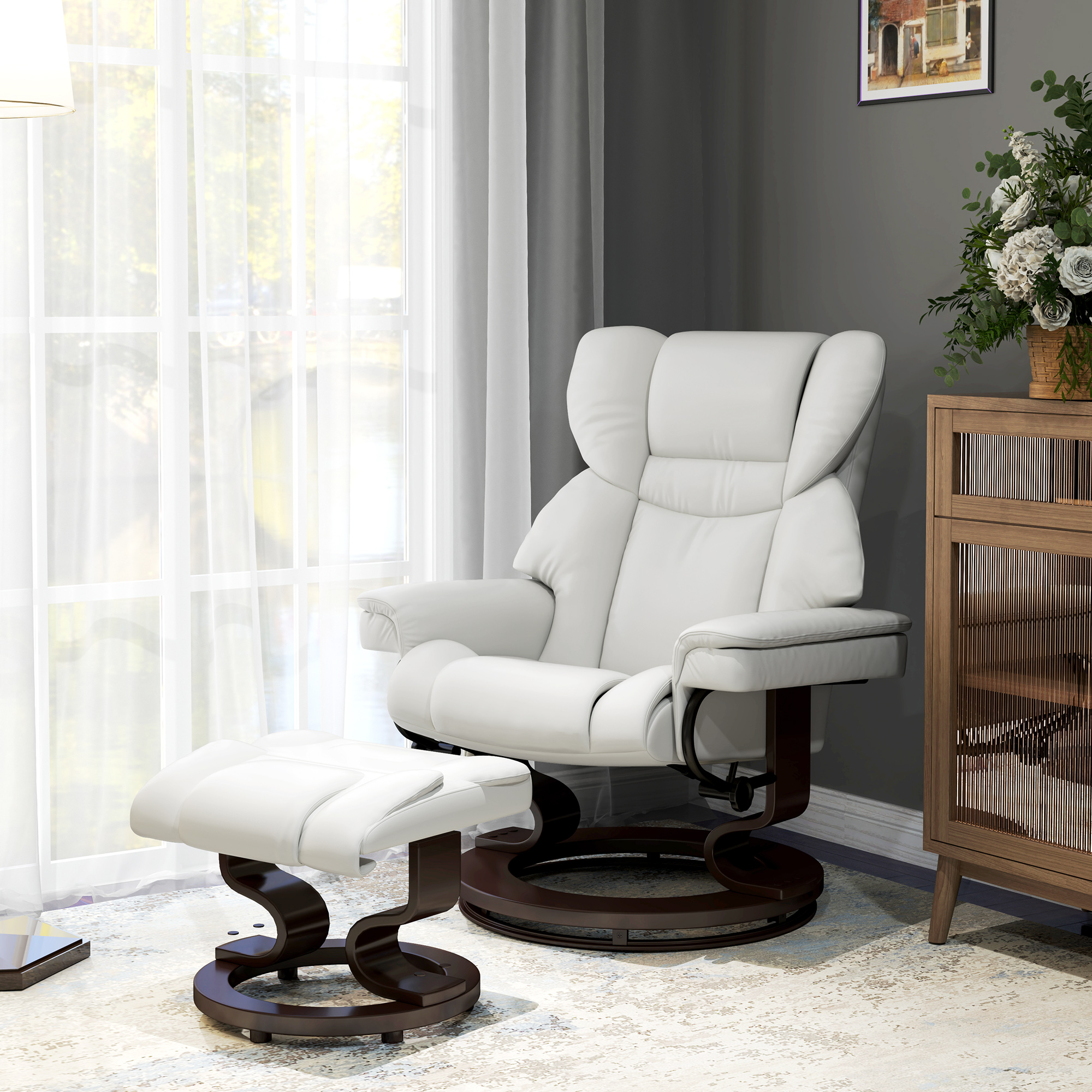 HOMCOM Relaxsessel mit Massagefunktion und Fußhocker, Liegesessel, Kunstleder, 79 x 82 x 101 cm, Cremeweiß